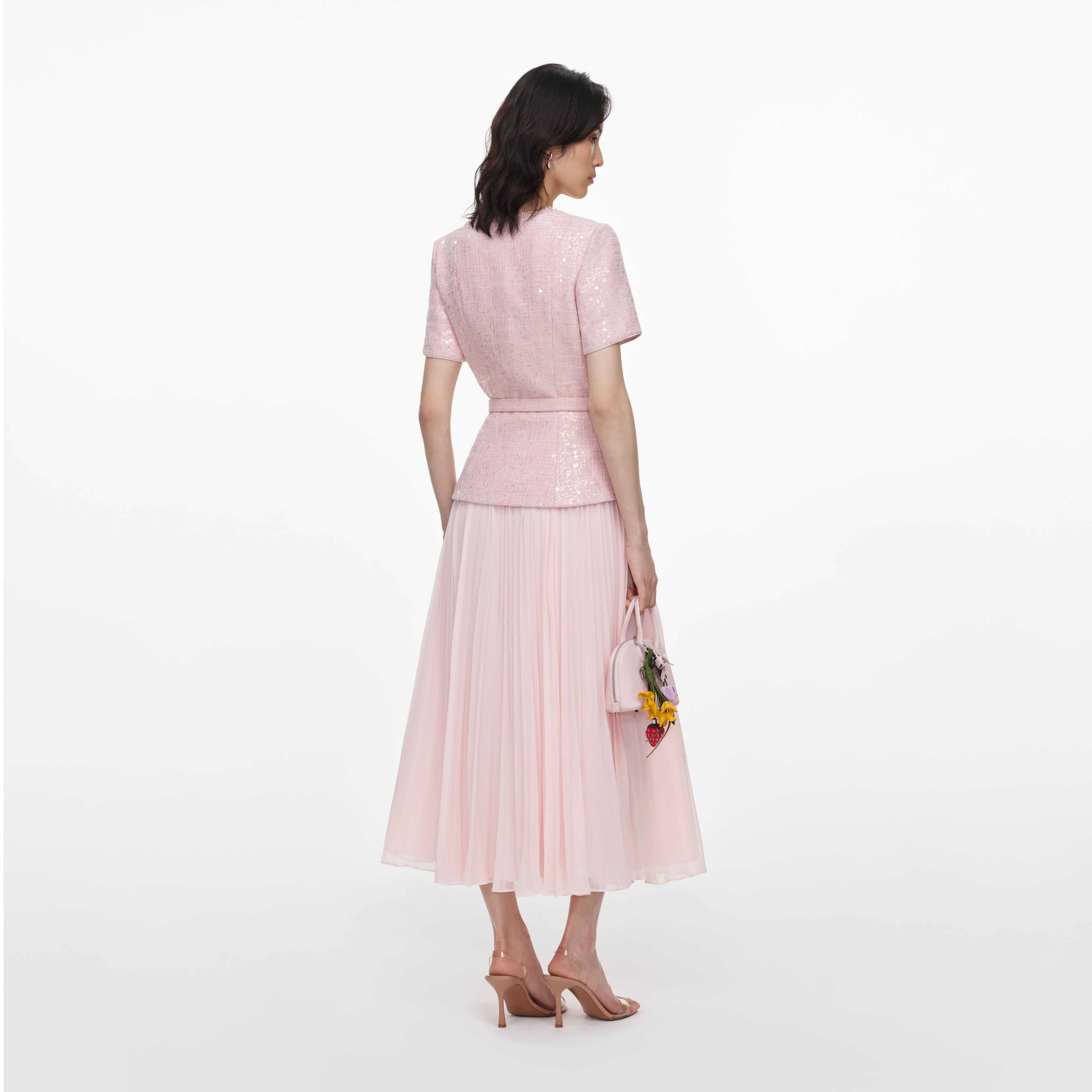 Pink Sequin Boucle Midi Dress