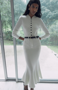 Cream Knit Denim Insert Midi Dress