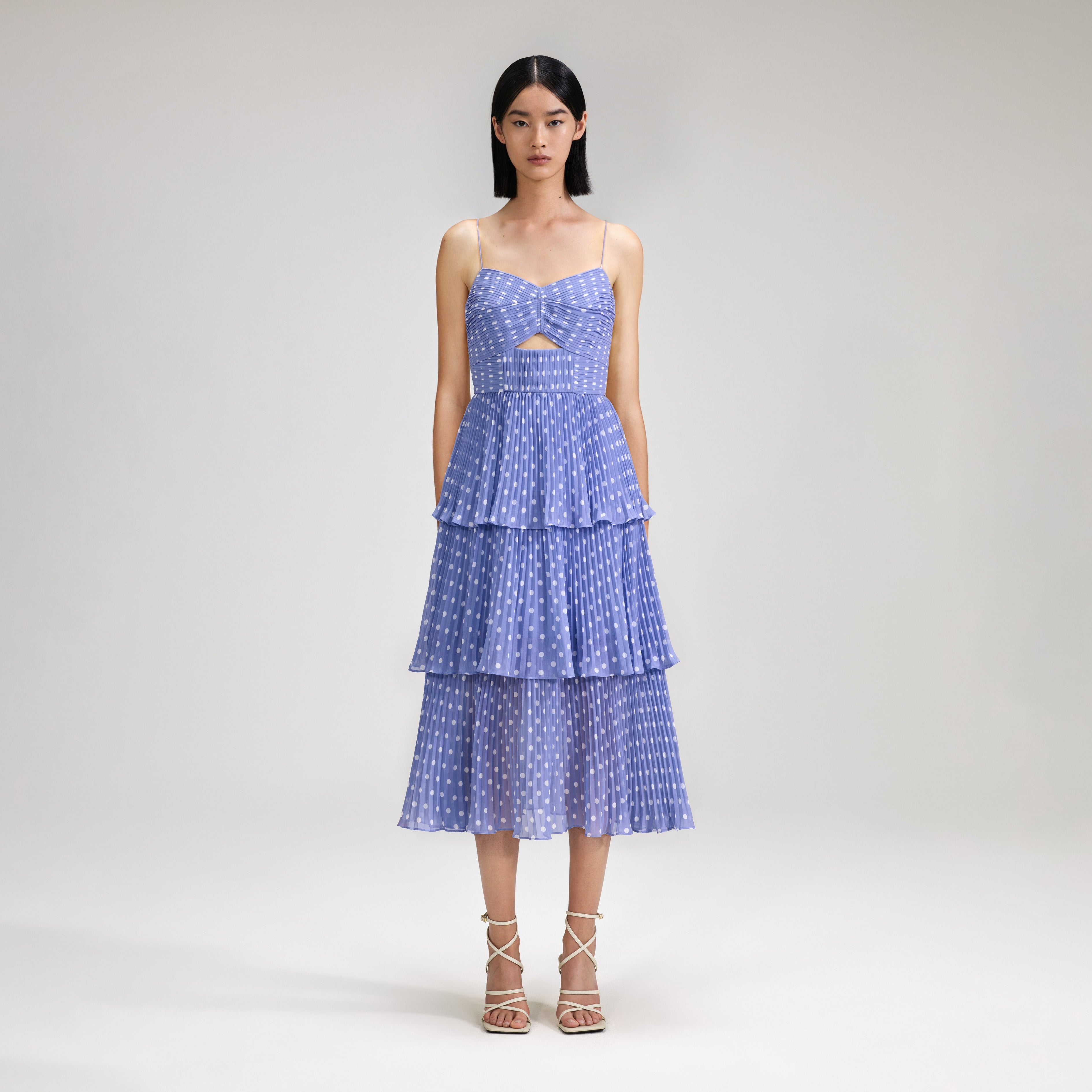 Lilac Polka Dot Tiered Chiffon Midi Dress
