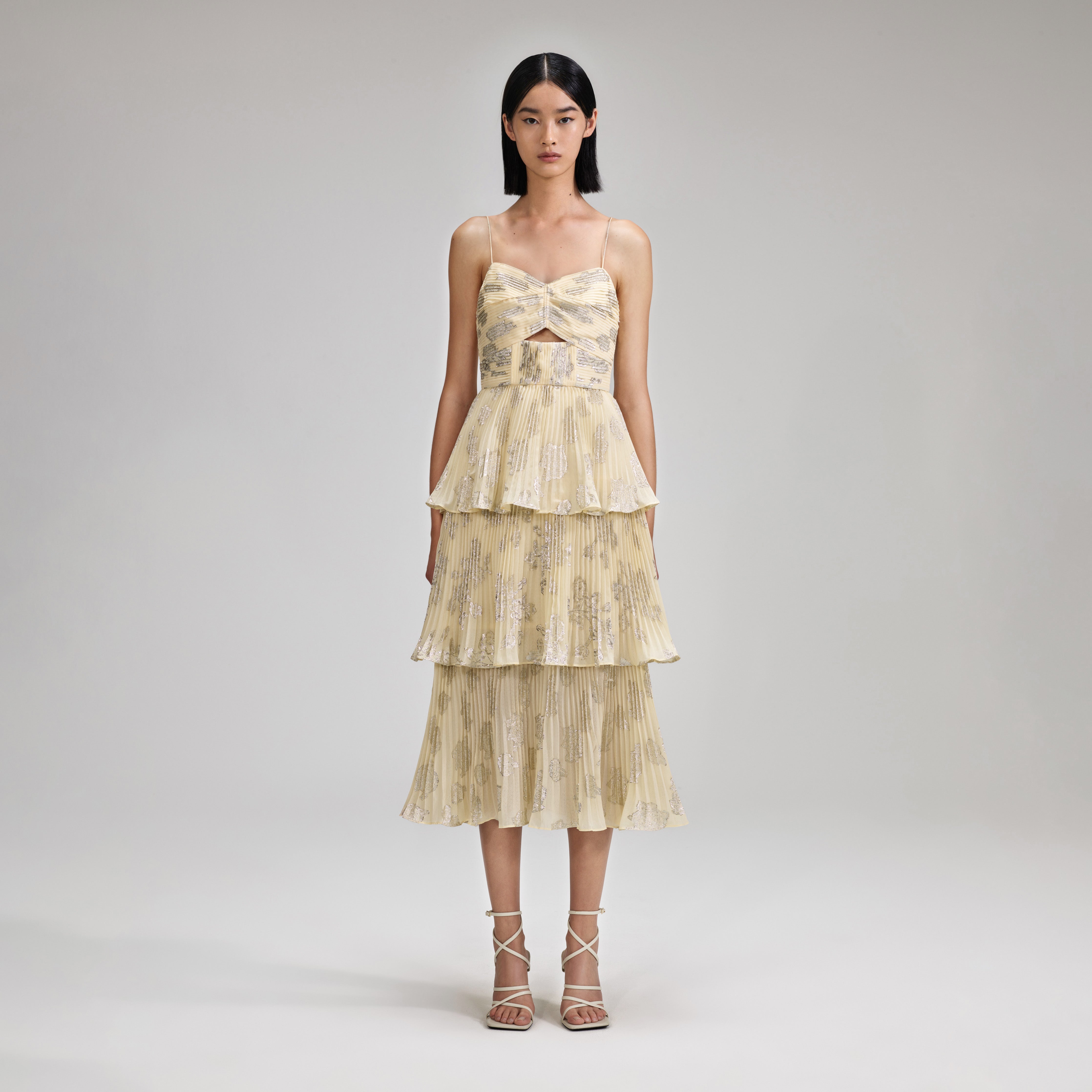 metallic jacquard midi dress self portrait SELF-PORTRAIT BANGKOK | GOLD METALLIC TIERED MIDI DRESS Go for the gold in this dazzling dress cut from metallic fabric, featuring a twirl-ready, triple tiered