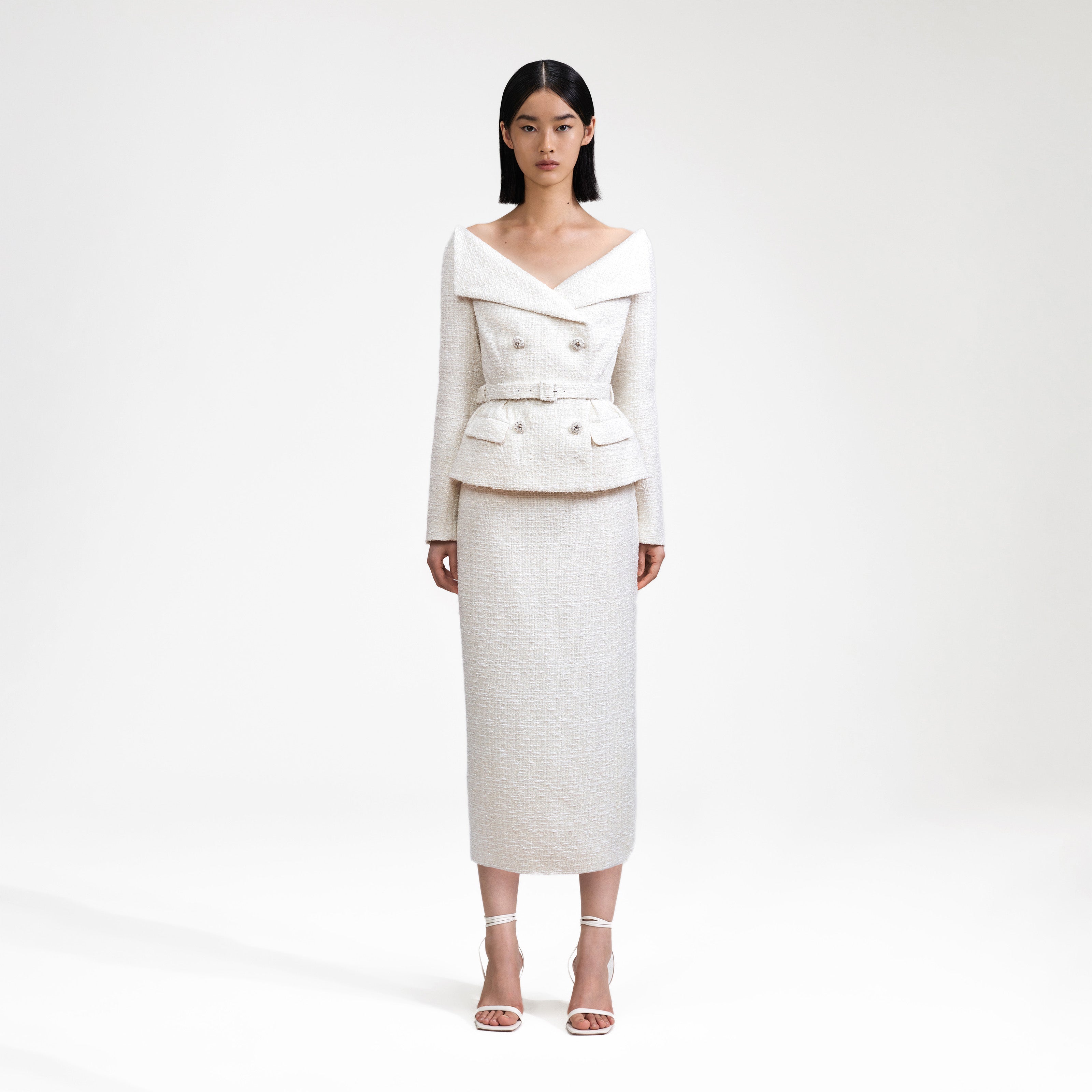 self-portrait - Cream Off Shoulder Boucle Midi Dress self-portrait - Cream Off Shoulder Boucle Midi Dress