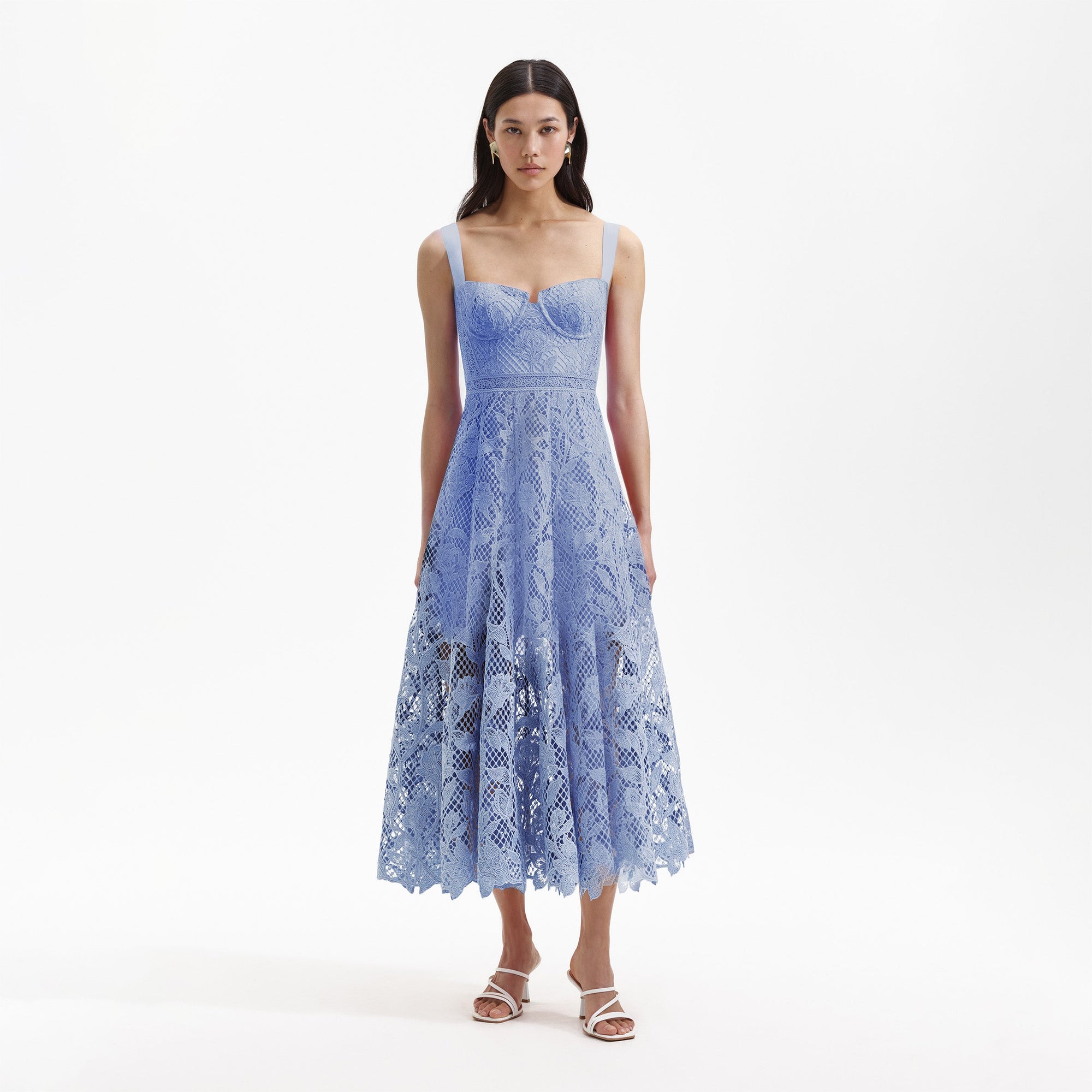 Front view of a woman wearing the Blue Lace Midi Sweetheart Dress