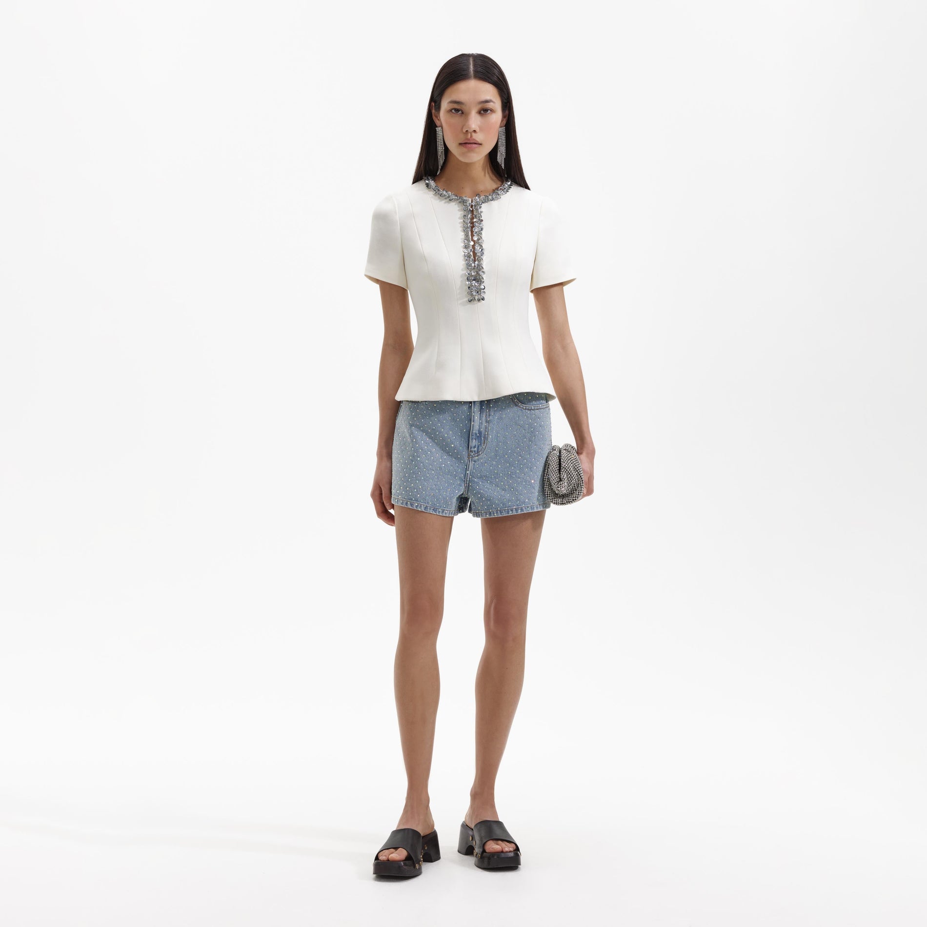 Front view of a woman wearing the Cream Crepe Embellished Top