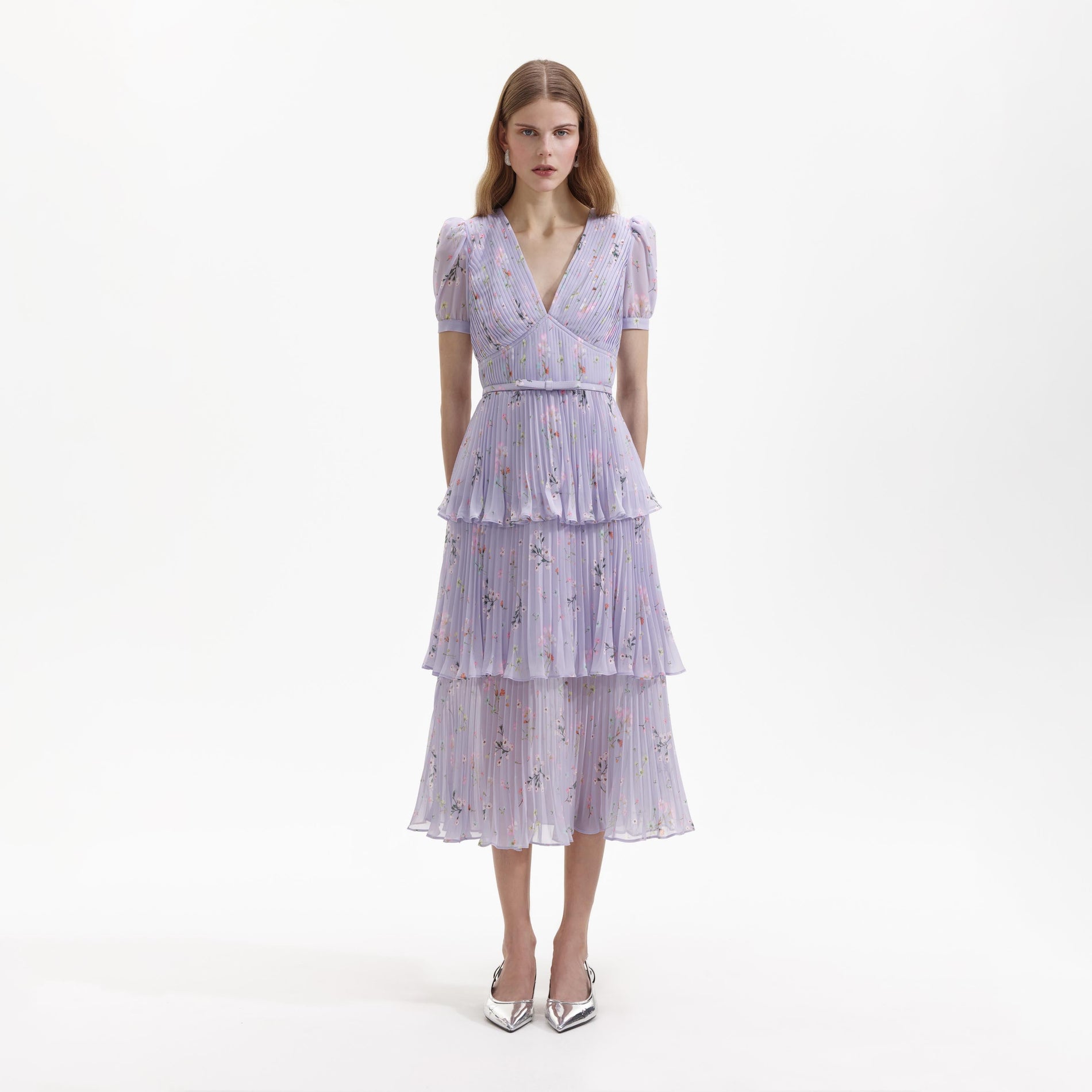 Front view of a woman wearing the Lilac Floral Midi Dress