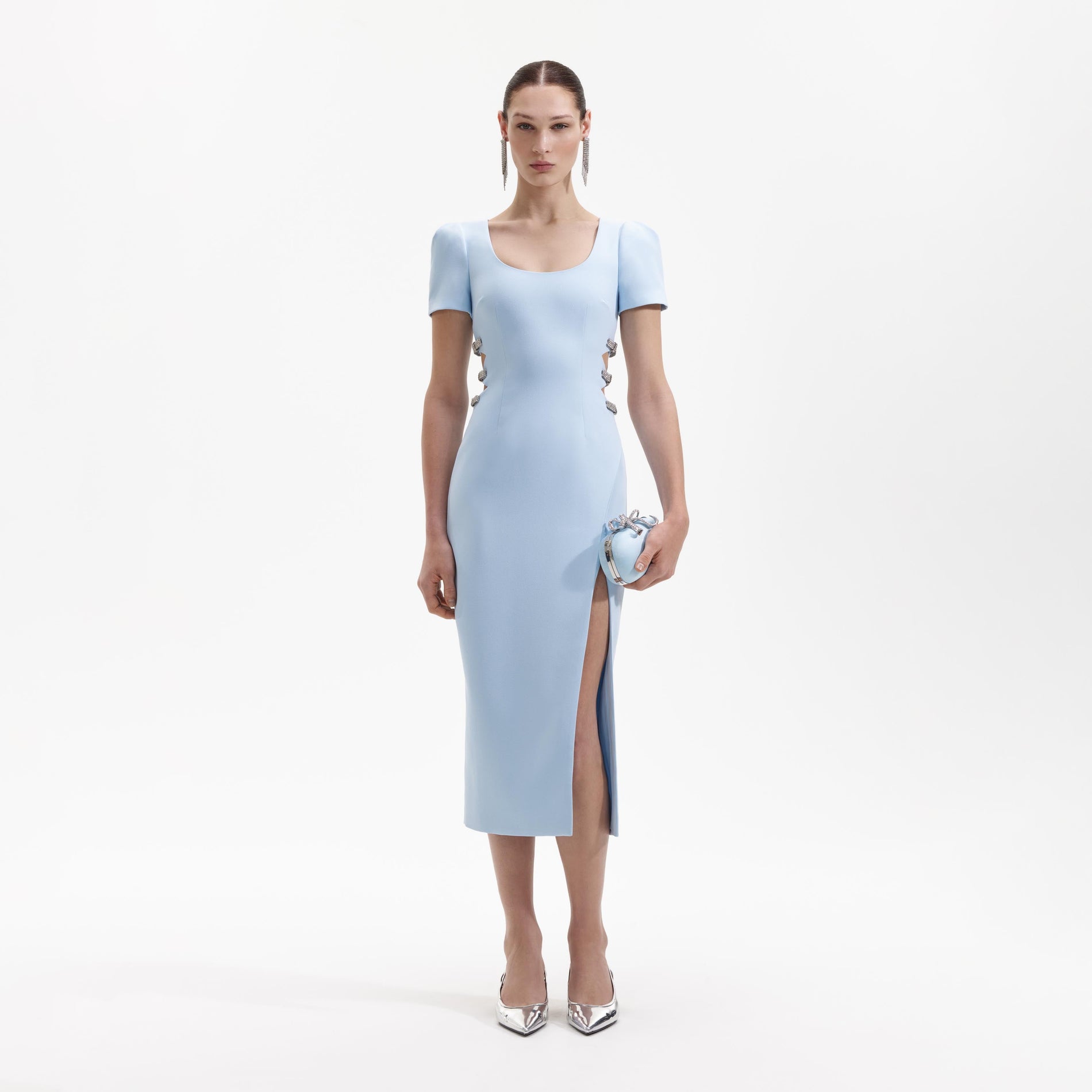 Front view of a woman wearing the Blue Crepe Split Midi Dress