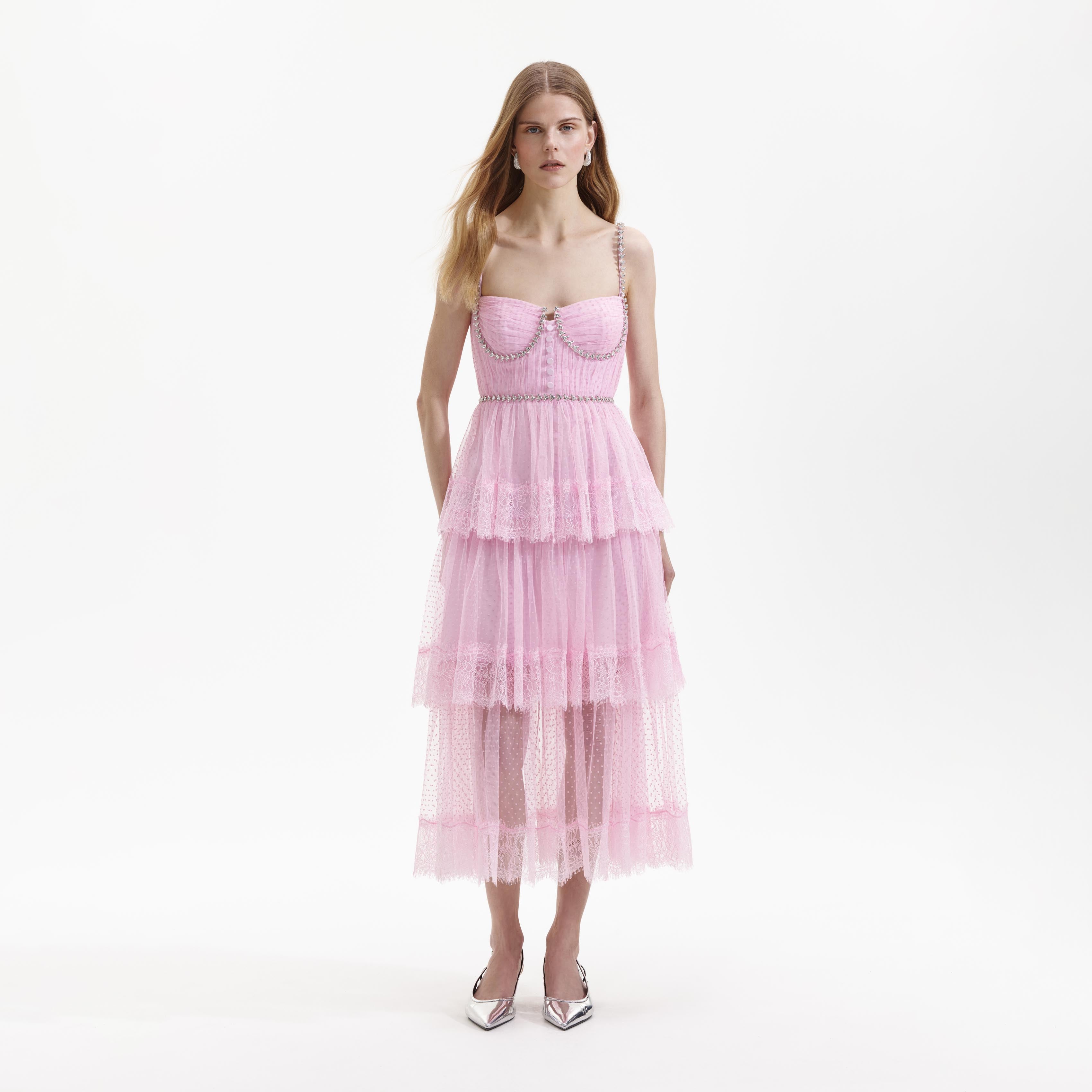 Pink Dot Mesh Tier Midi Dress self-portrait-US Pink Dot Mesh Tier Midi Dress self-portrait-US