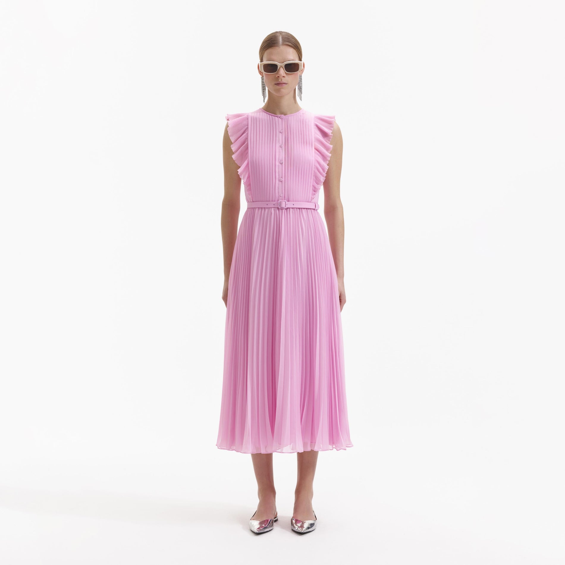 Front view of a woman wearing the Pink Chiffon Tunic Midi Dress