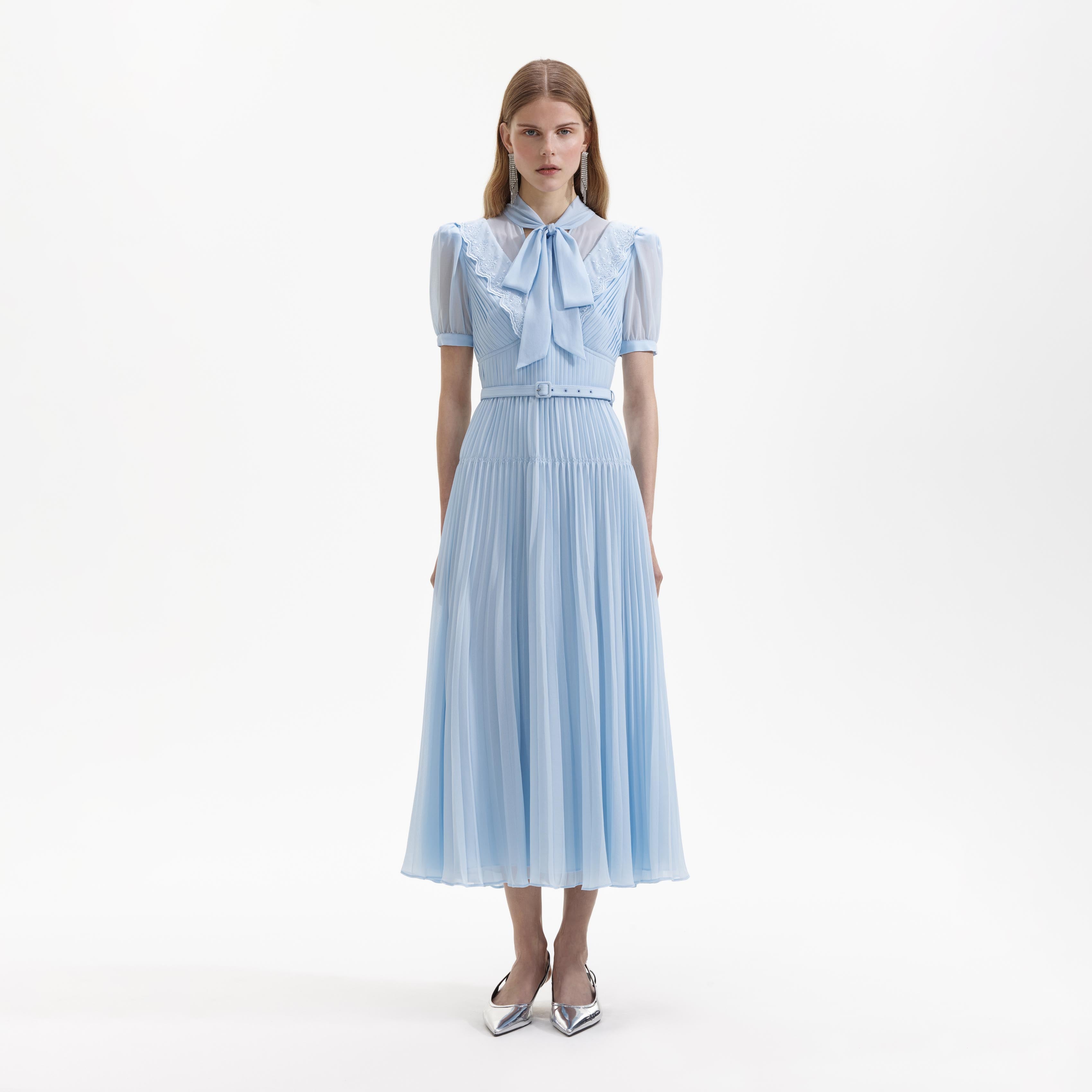 Blue Chiffon Bow Midi Dress – self-portrait-US