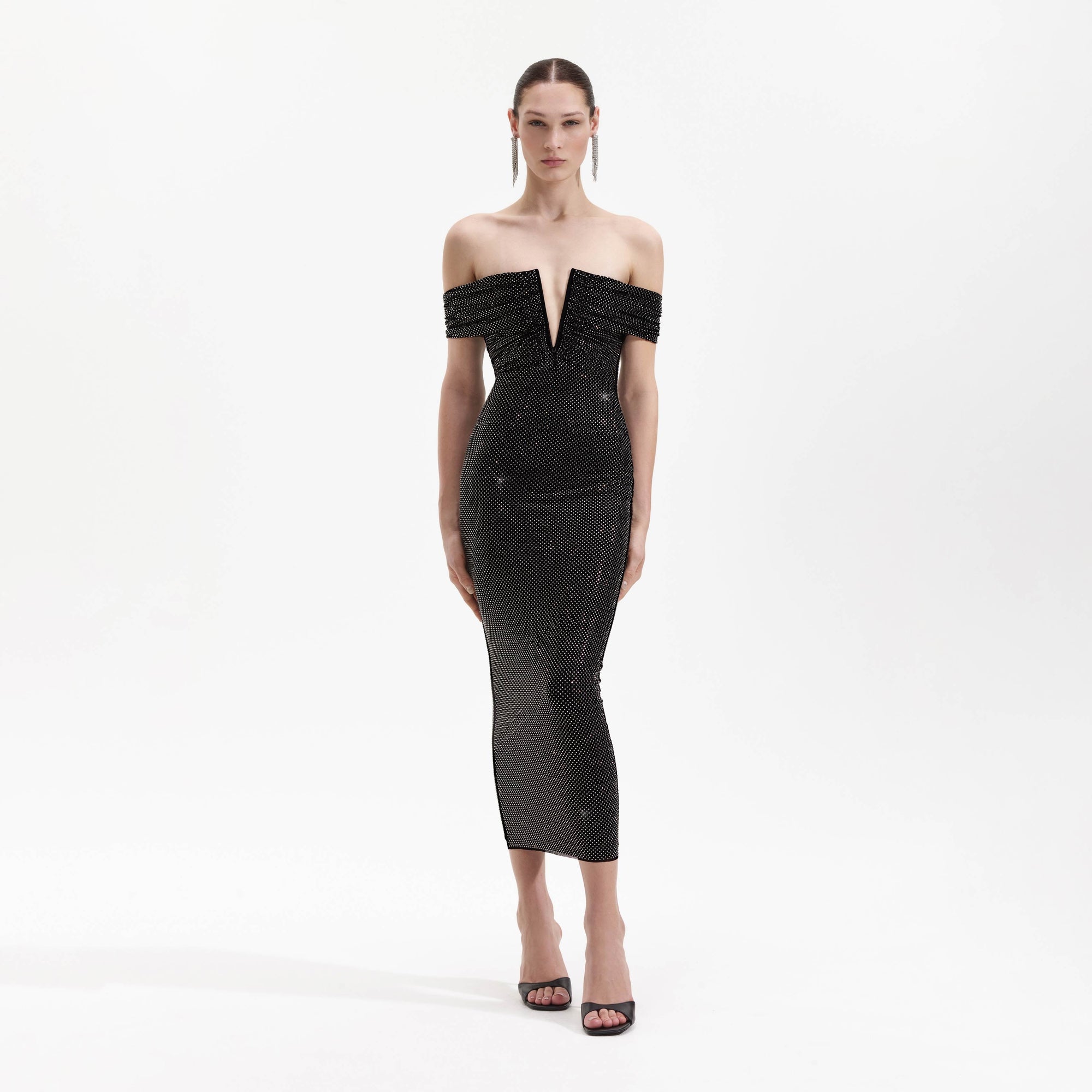 Front view of a woman wearing the Black Rhinestone Bardot Midi Dress