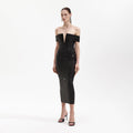 Black Rhinestone Bardot Midi Dress