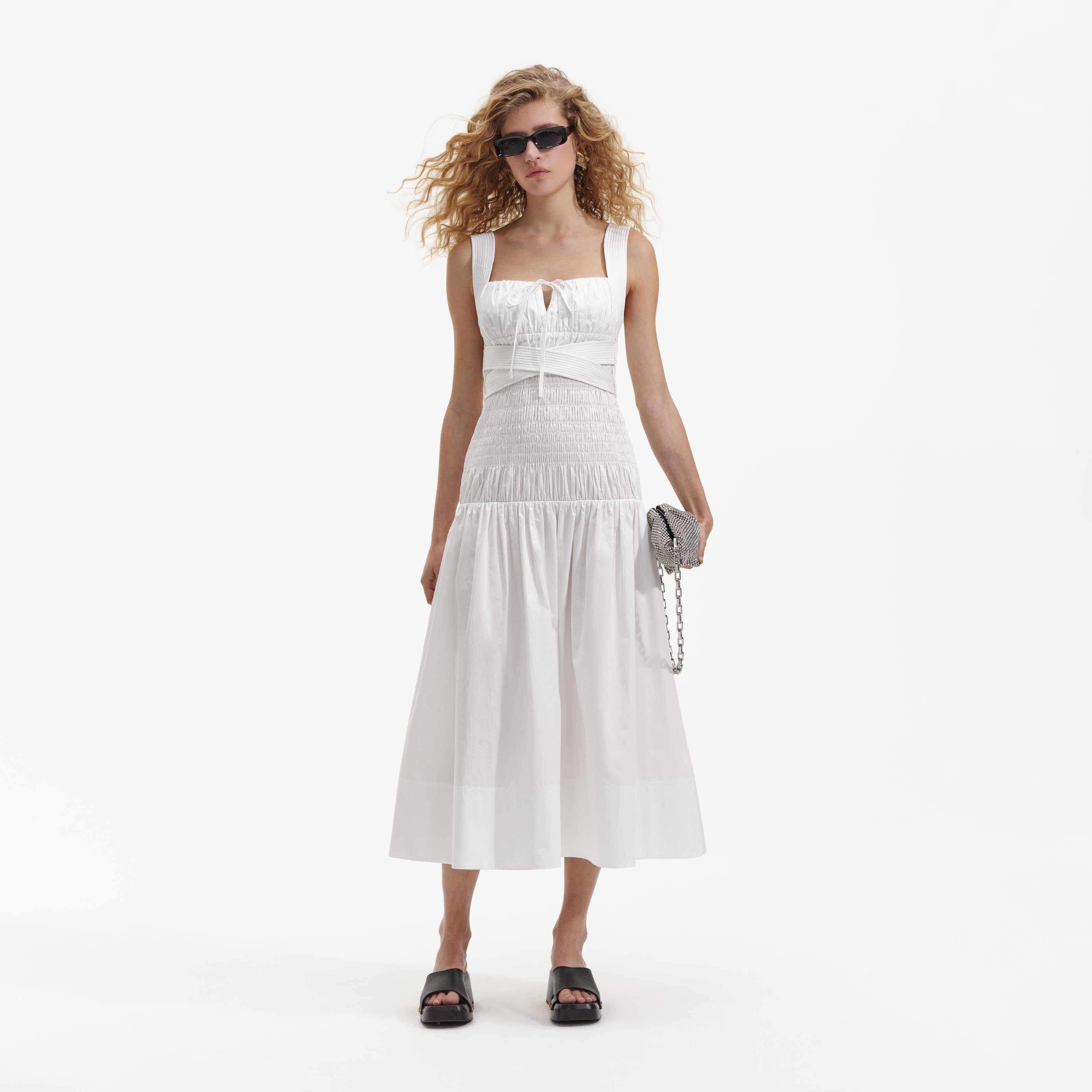 White Cotton Sweetheart Midi Dress – self-portrait-US