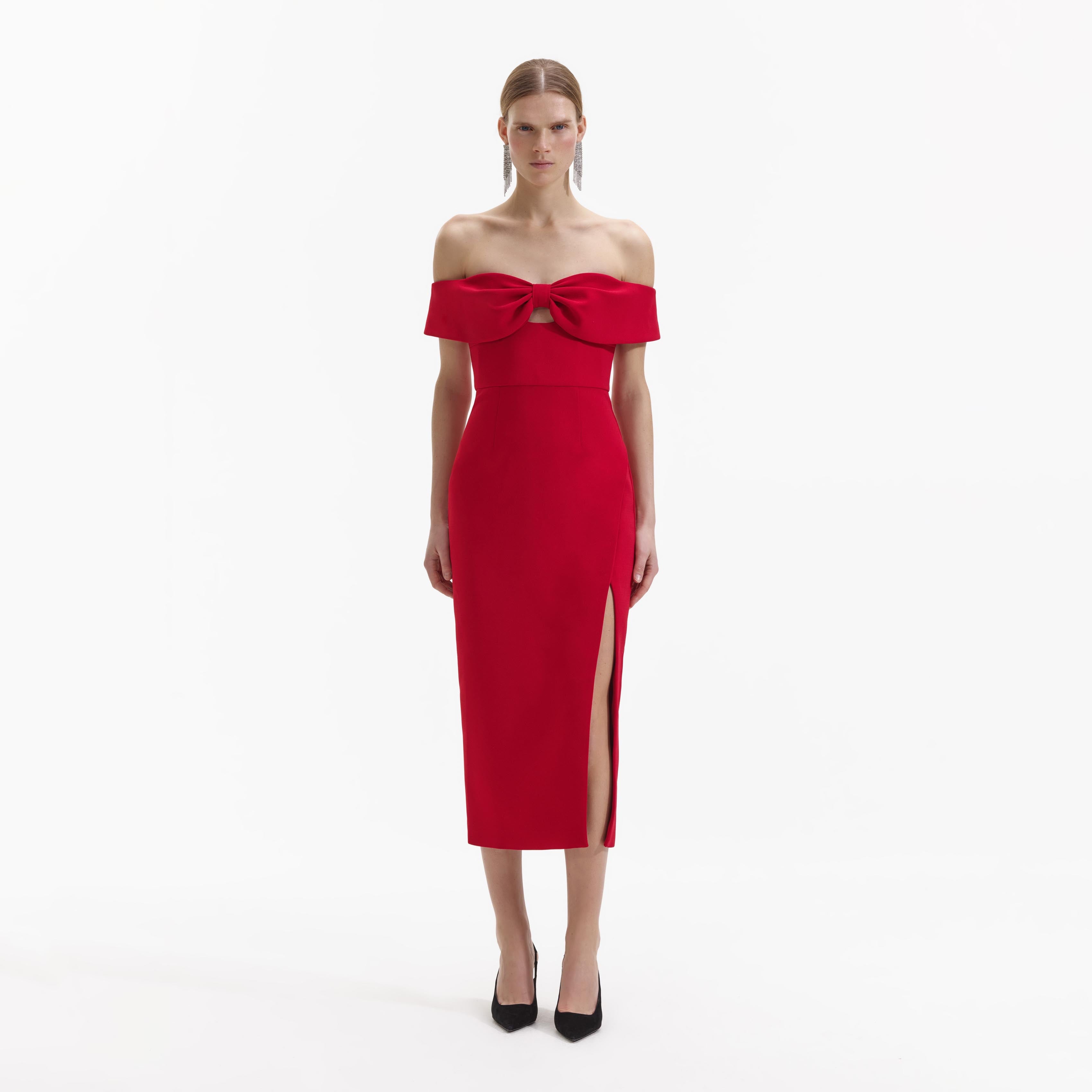 Dress The Population Faye Off Shoulder Strapless Ruffle Midi Dress Rouge 2024 Red Med