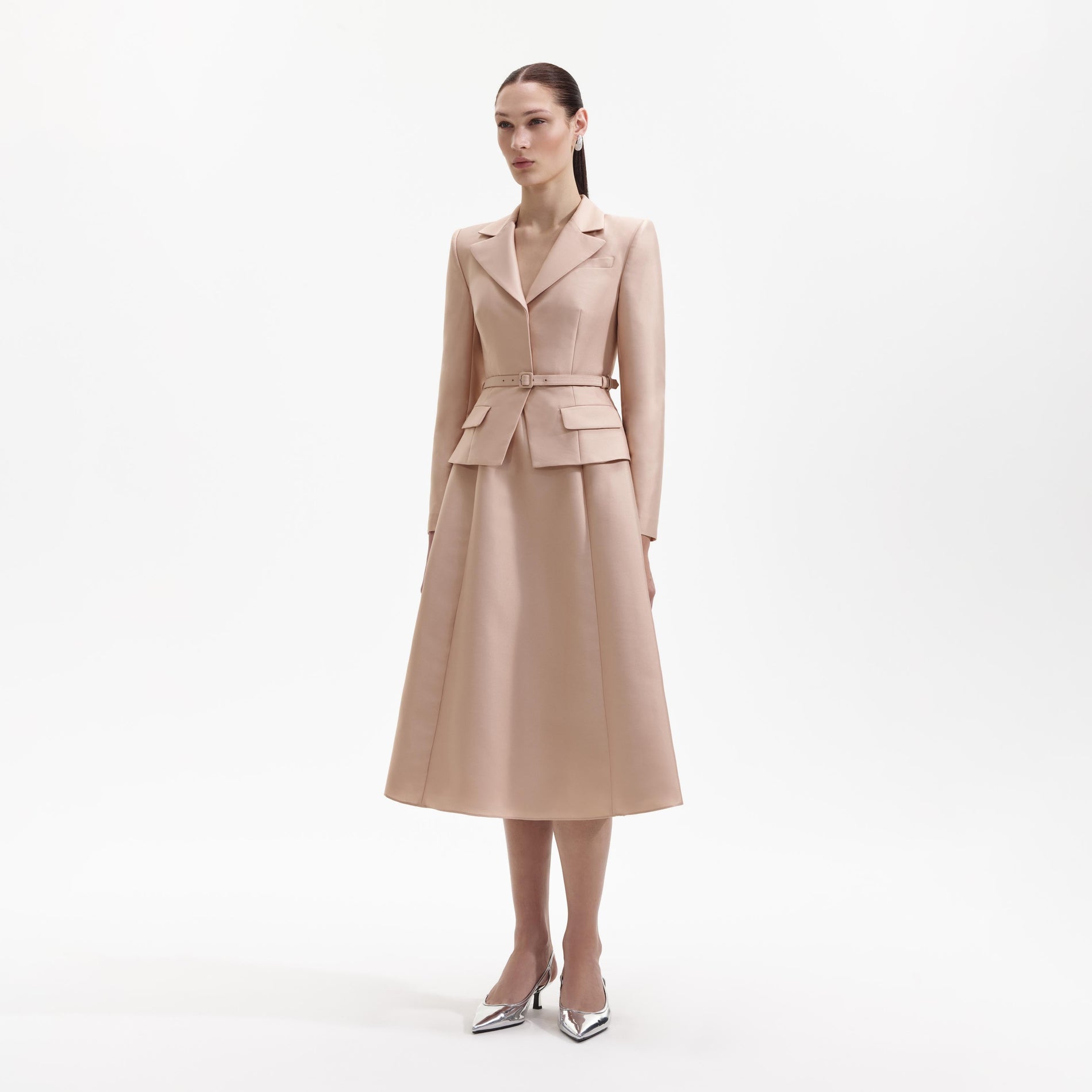 Side view of a woman wearing the Tailored Taffeta Midi Dress