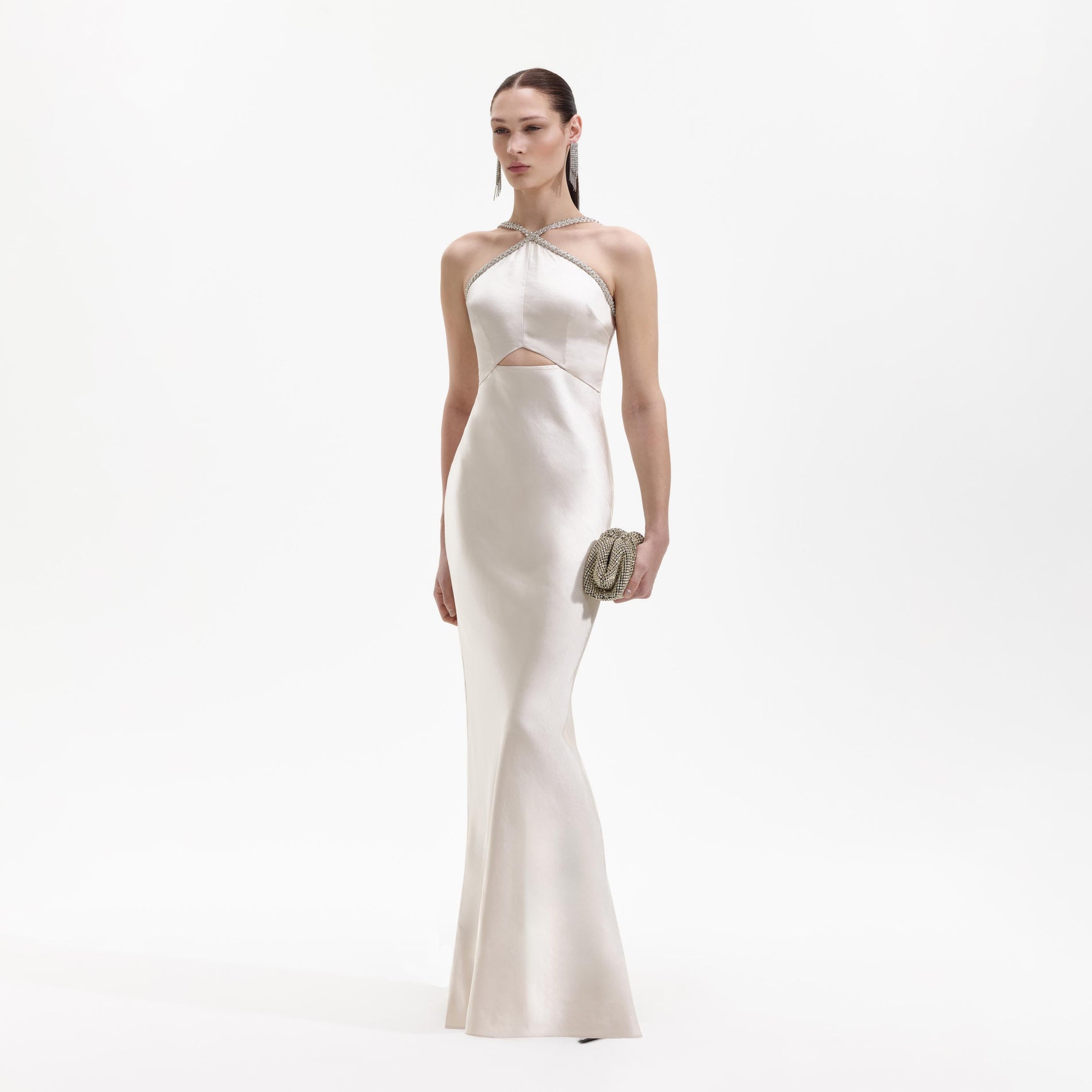 Side view of a woman wearing the Champagne Satin Diamante Maxi Dress