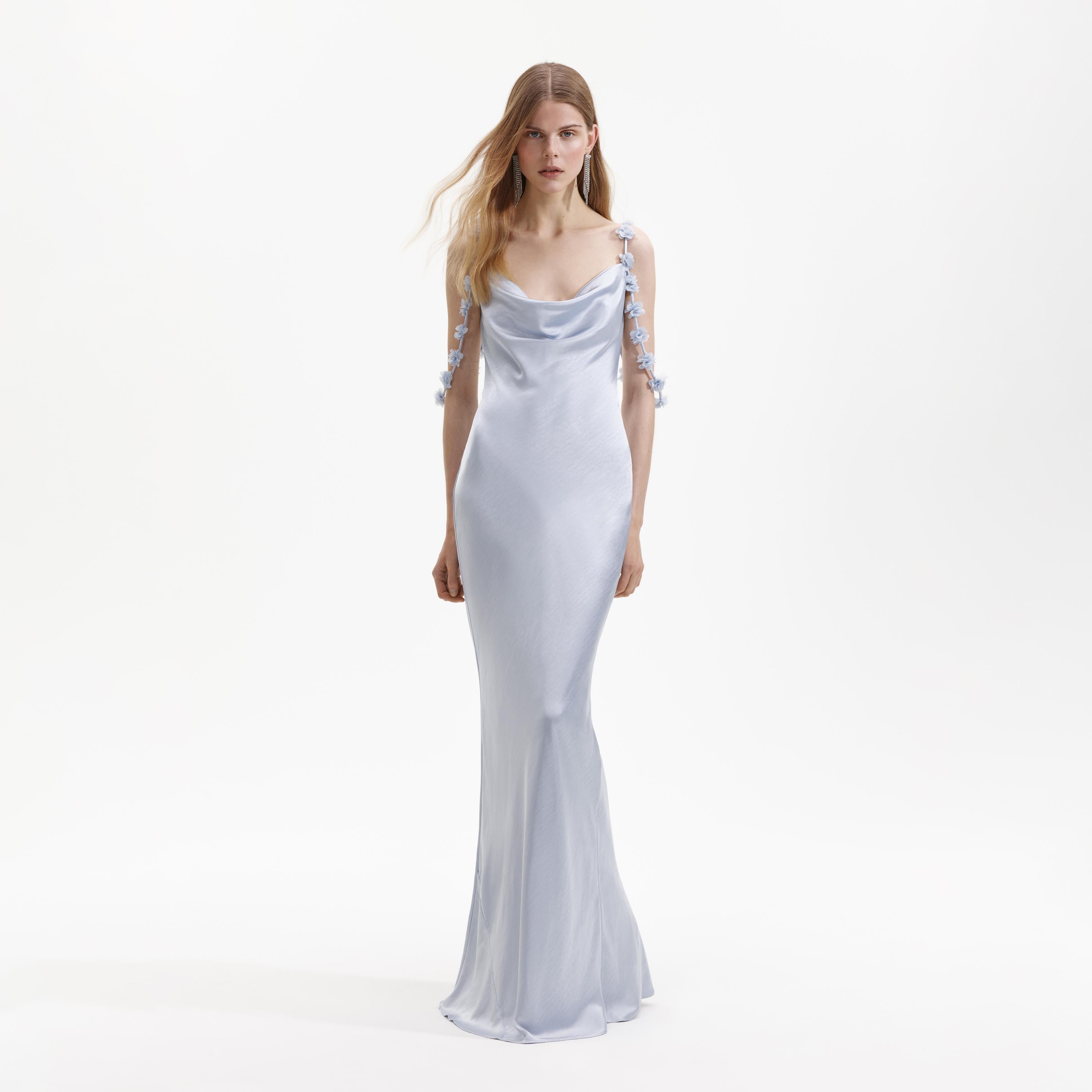 Blue Satin Flower Maxi Dress self-portrait-US Blue Satin Flower Maxi Dress self-portrait-US