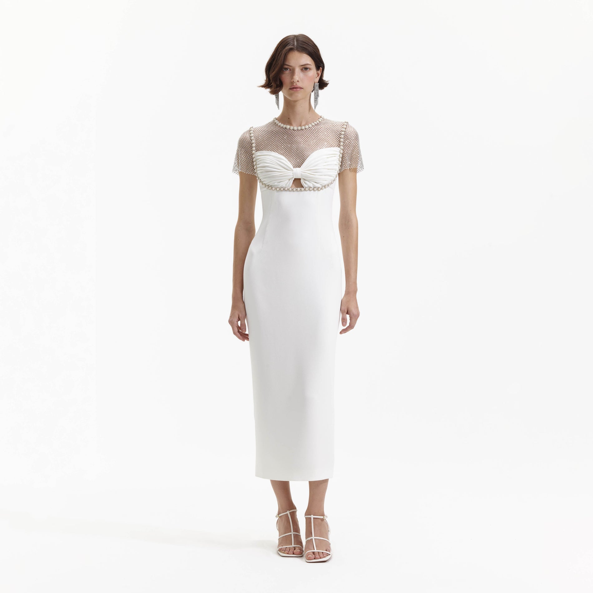 Front view of a woman wearing the White Diamante Crepe Midi Dress