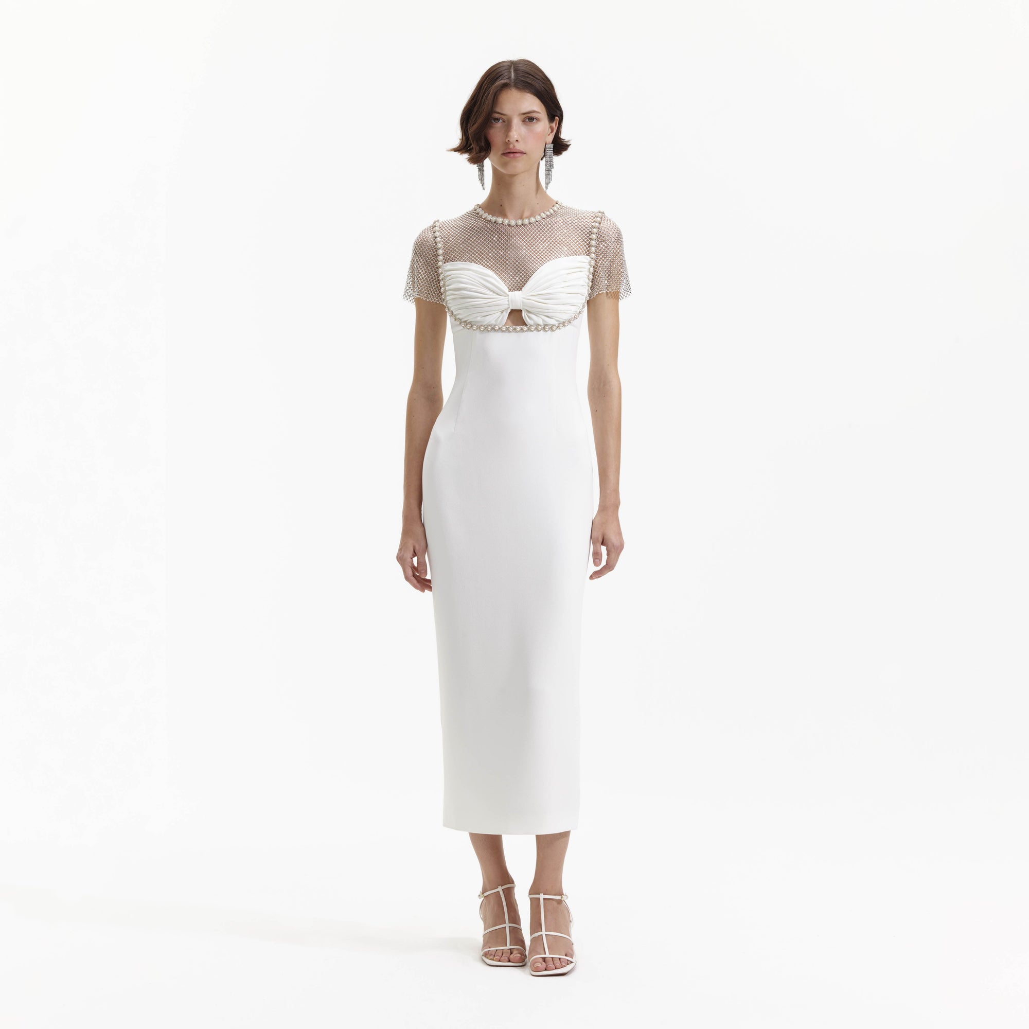 Front view of a woman wearing the White Diamante Crepe Midi Dress