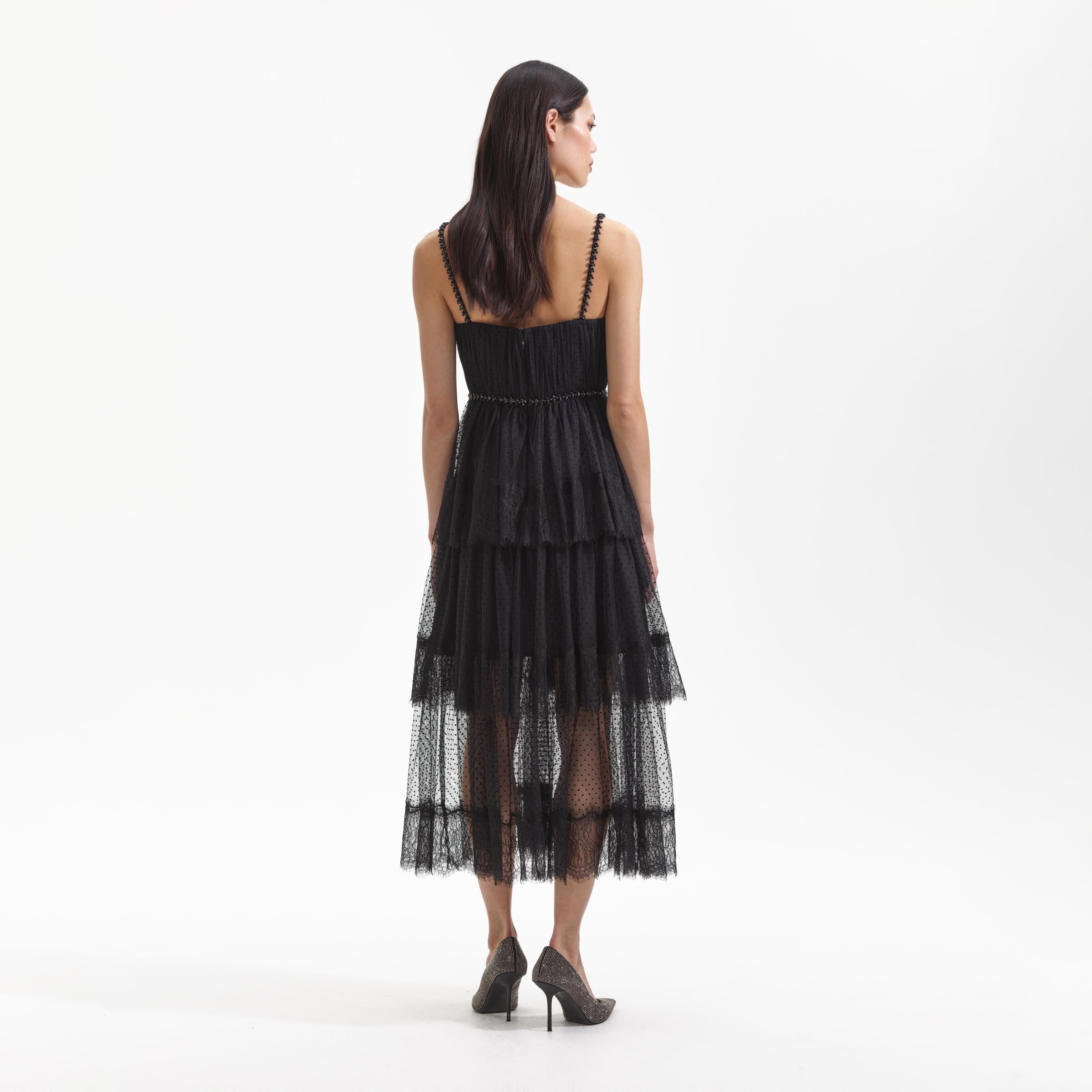 Black Dot Mesh Tier Midi Dress