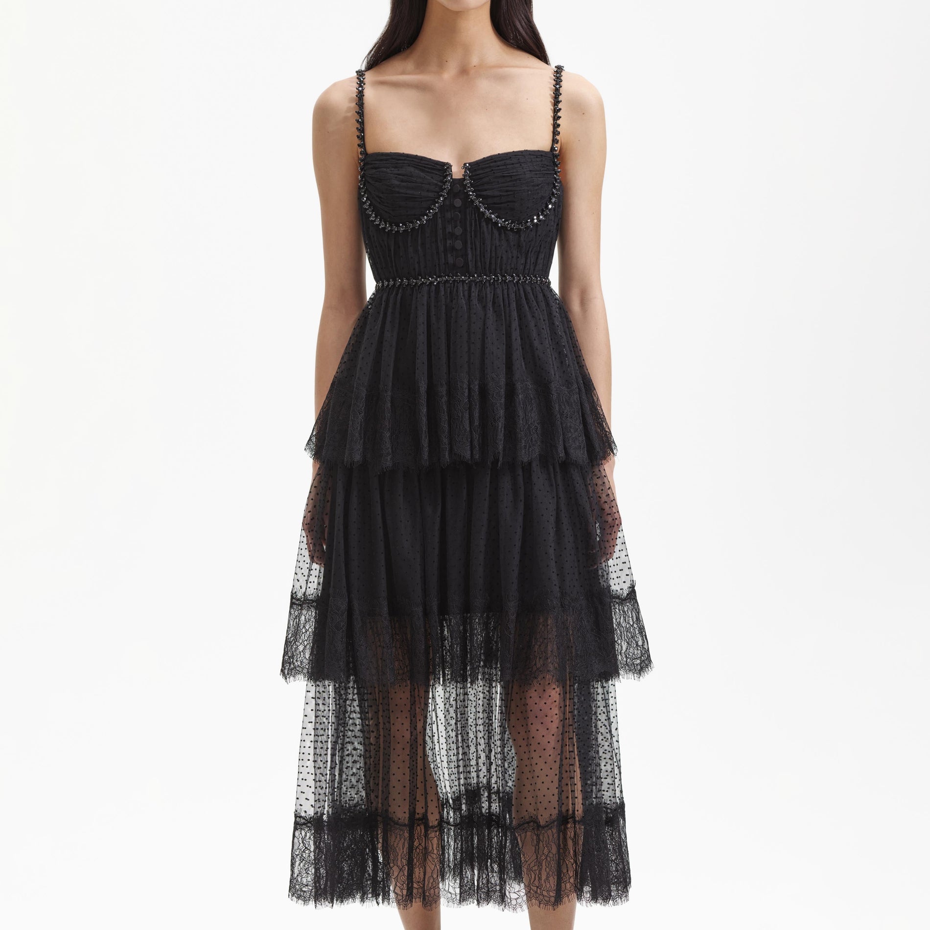 A close up of a woman wearing the Black Dot Mesh Tier Midi Dress