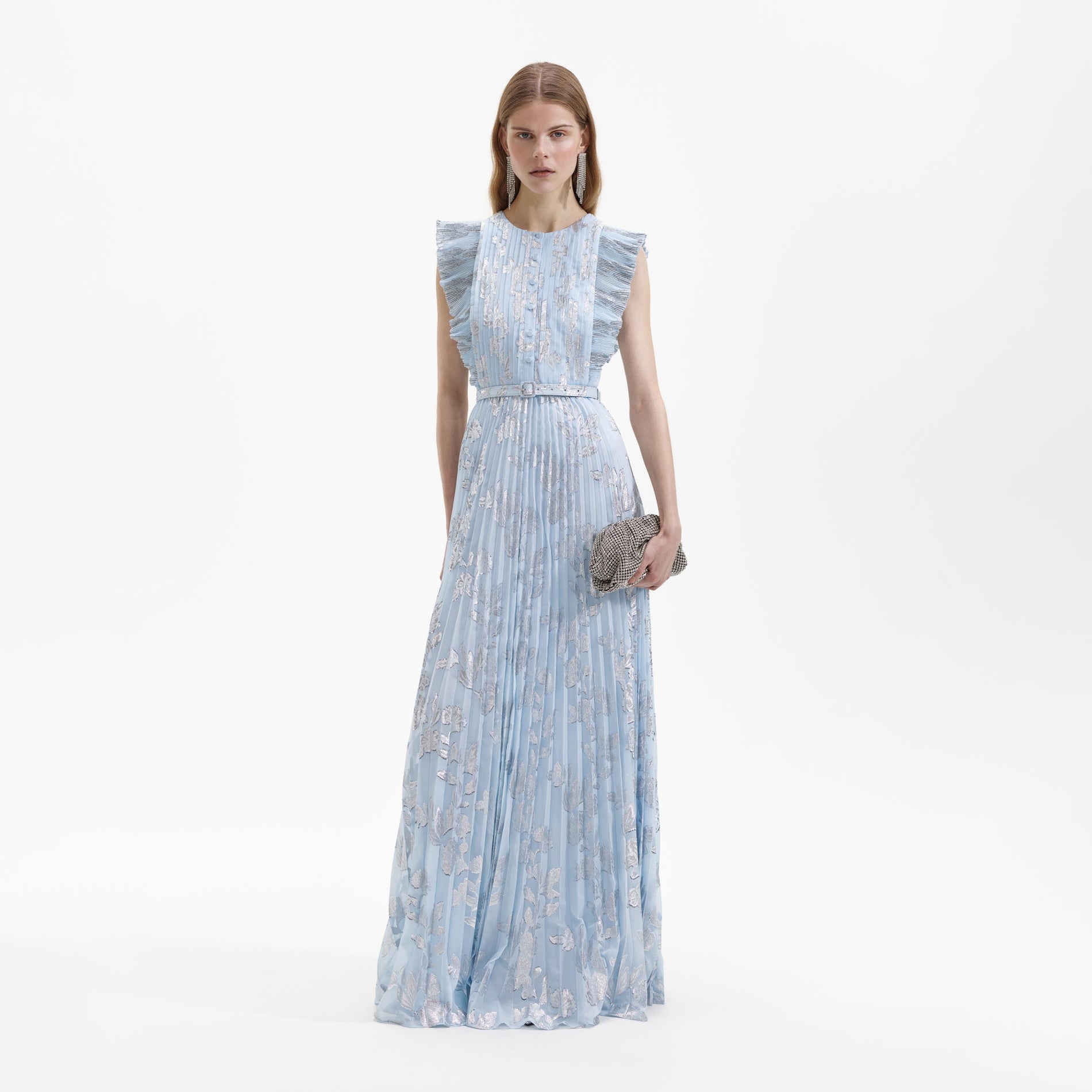 Front view of a woman wearing the Blue Metallic Chiffon Maxi Dress
