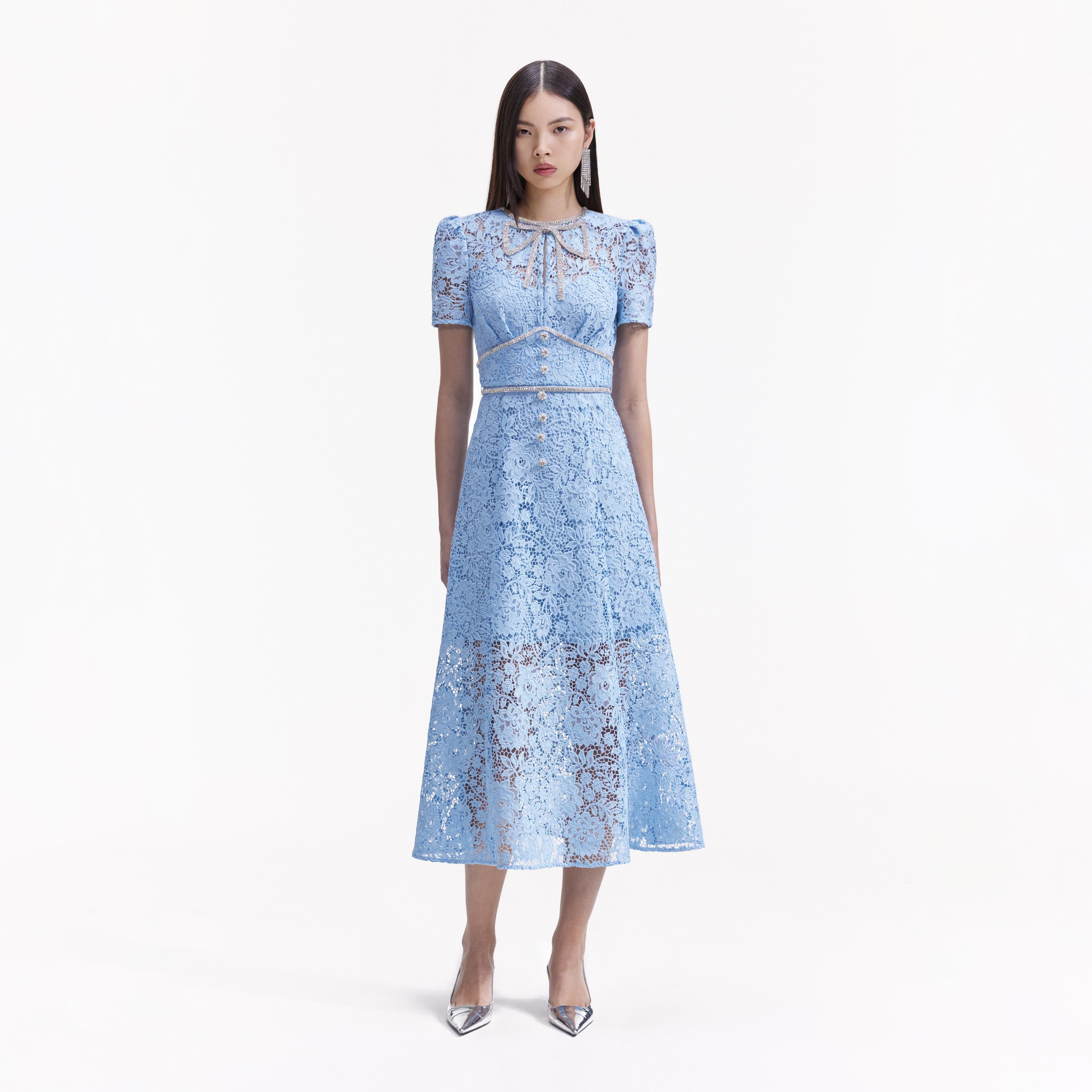 blue lace midi dress Structured Lace Midi Dress Blue