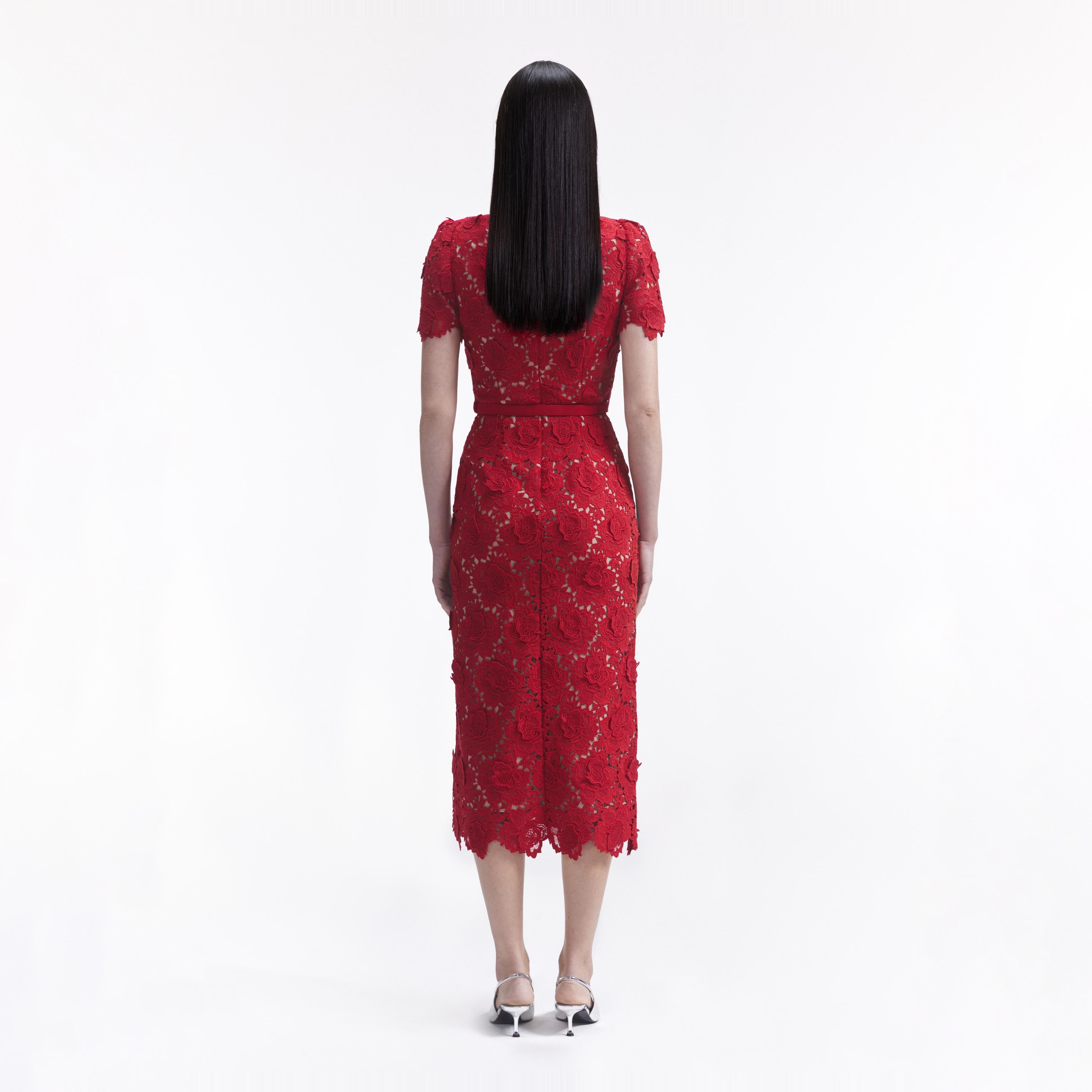 Red Lace Open Neck Midi Dress