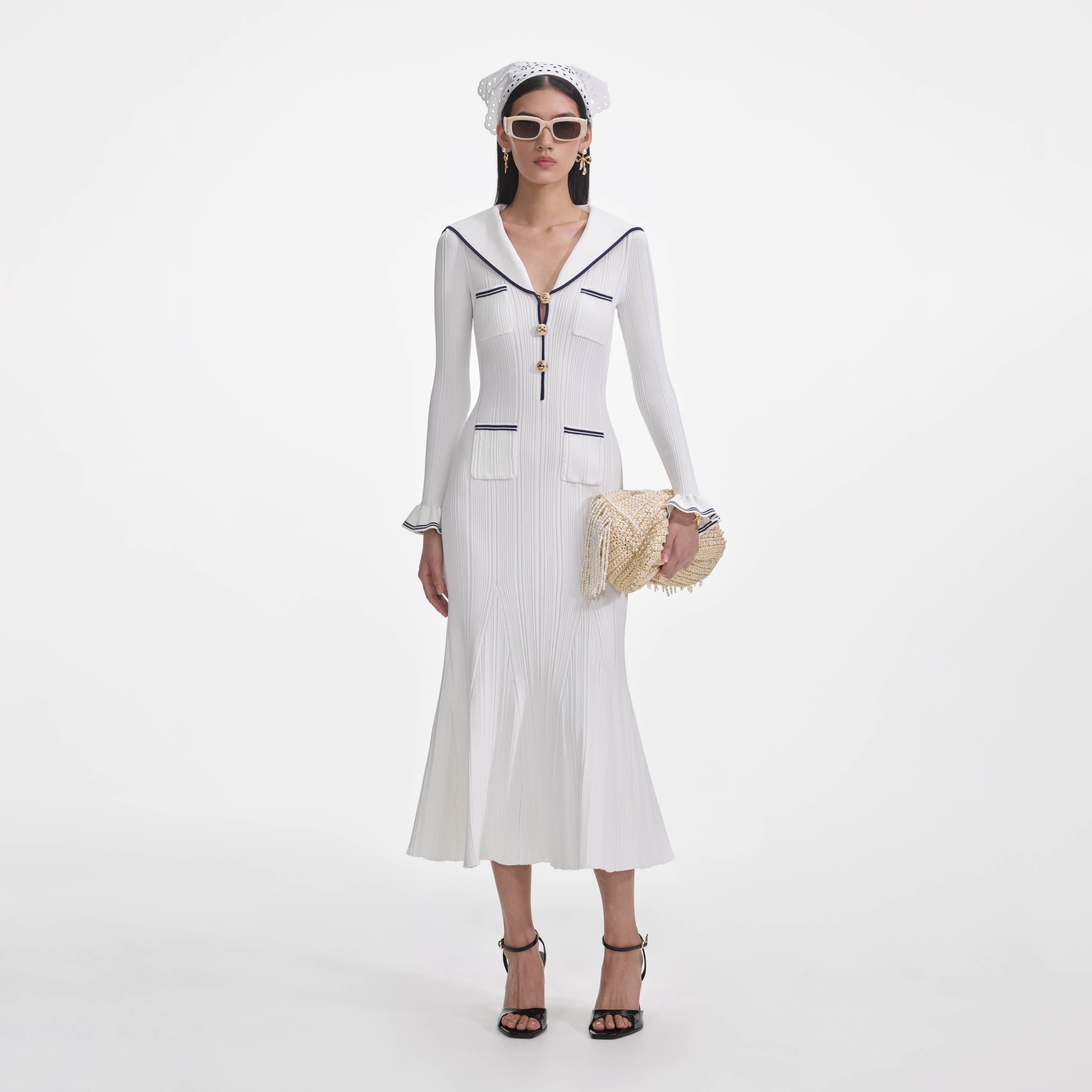 self-portrait - White Viscose Rib Knit Midi Dress self-portrait - White Viscose Rib Knit Midi Dress