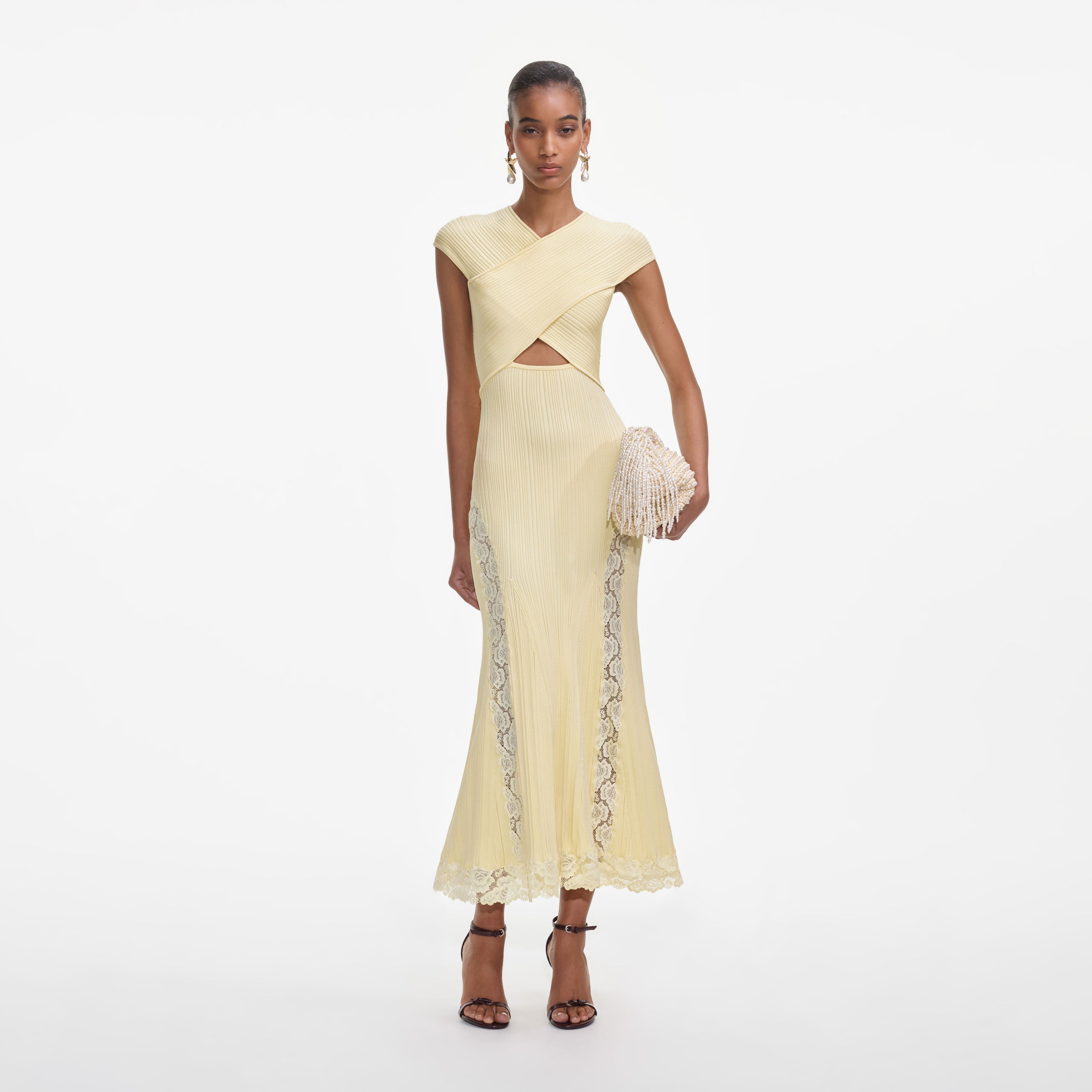 self-portrait - Yellow Knit Lace Insert Midi Dress - XS self-portrait - Yellow Knit Lace Insert Midi Dress - XS