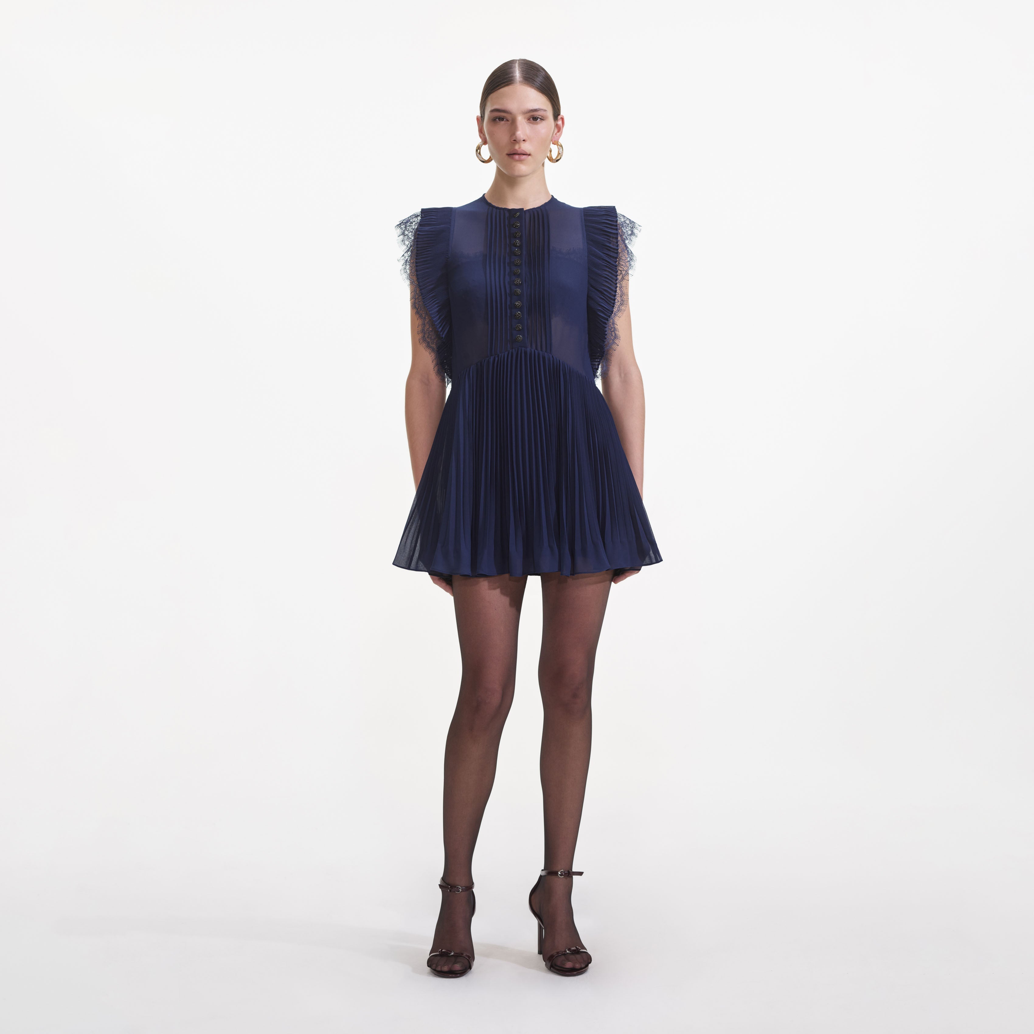 self-portrait - Navy Chiffon Ruffle Mini Dress - US 10 self-portrait - Navy Chiffon Ruffle Mini Dress - US 10