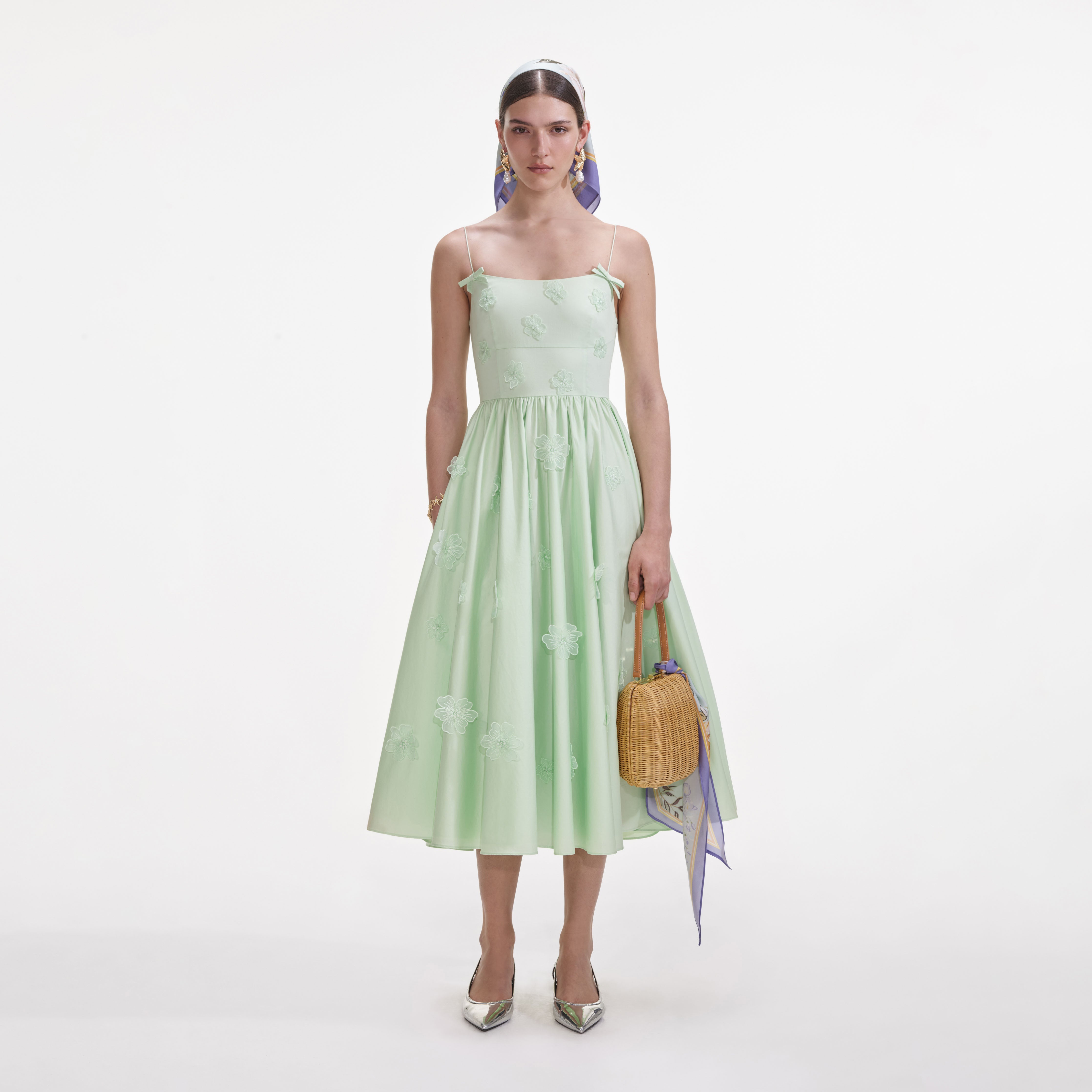 self-portrait - Green Cotton Flower Midi Dress - US 6 self-portrait - Green Cotton Flower Midi Dress - US 6