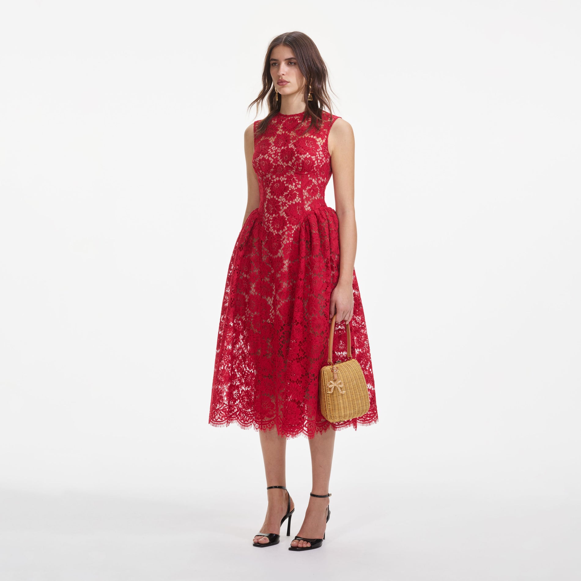 Side view of a woman wearing the Red Fine Lace Midi Dress