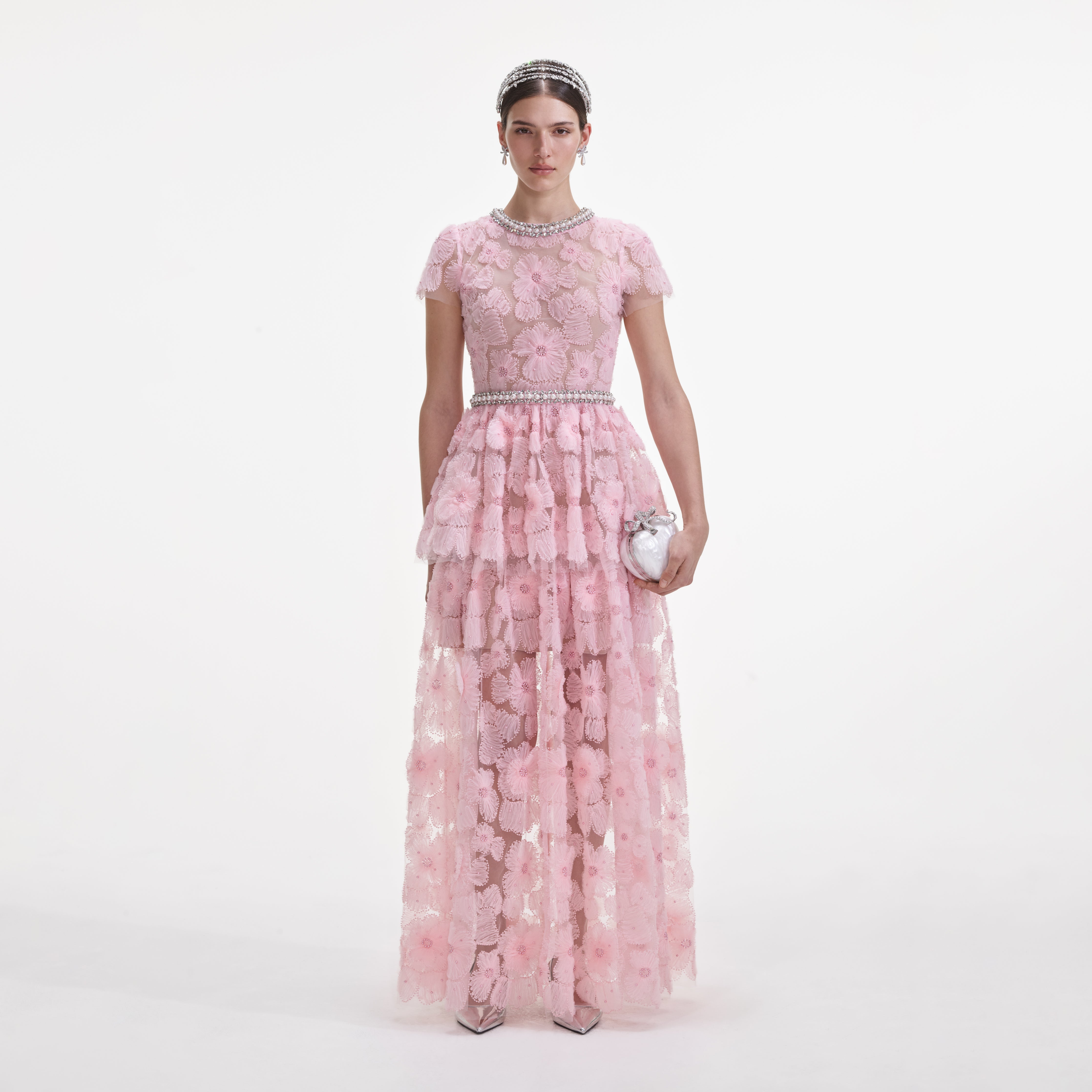 pink tulle maxi dress self-portrait - Pink Embellished Tulle Maxi Dress