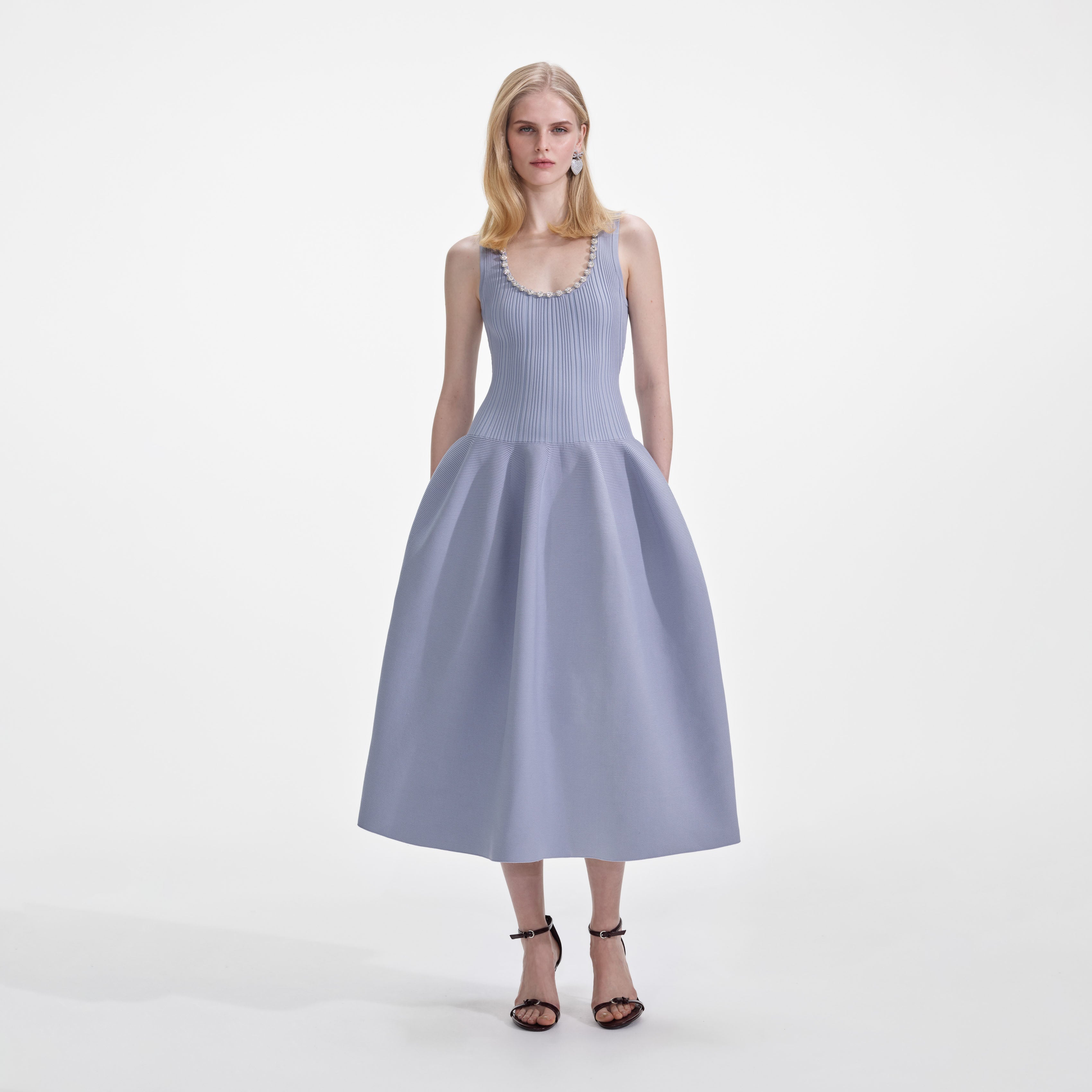 Self-Portrait - Blue Ribbed Knit Diamante Midi Dress - L Self-Portrait - Blue Ribbed Knit Diamante Midi Dress - L
