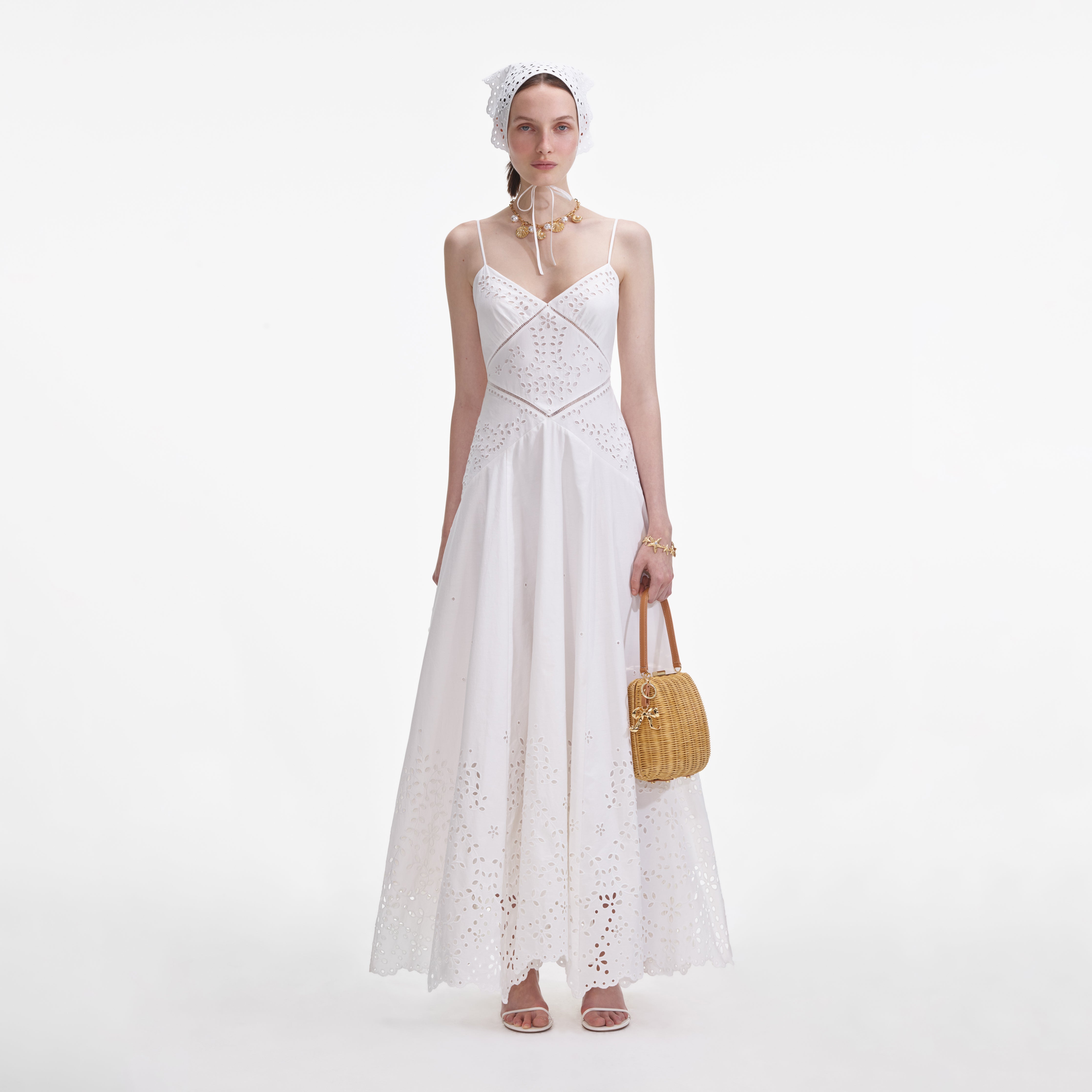 white embroidered maxi dress White Cotton Embroidered Maxi Dress – self-portrait-US
