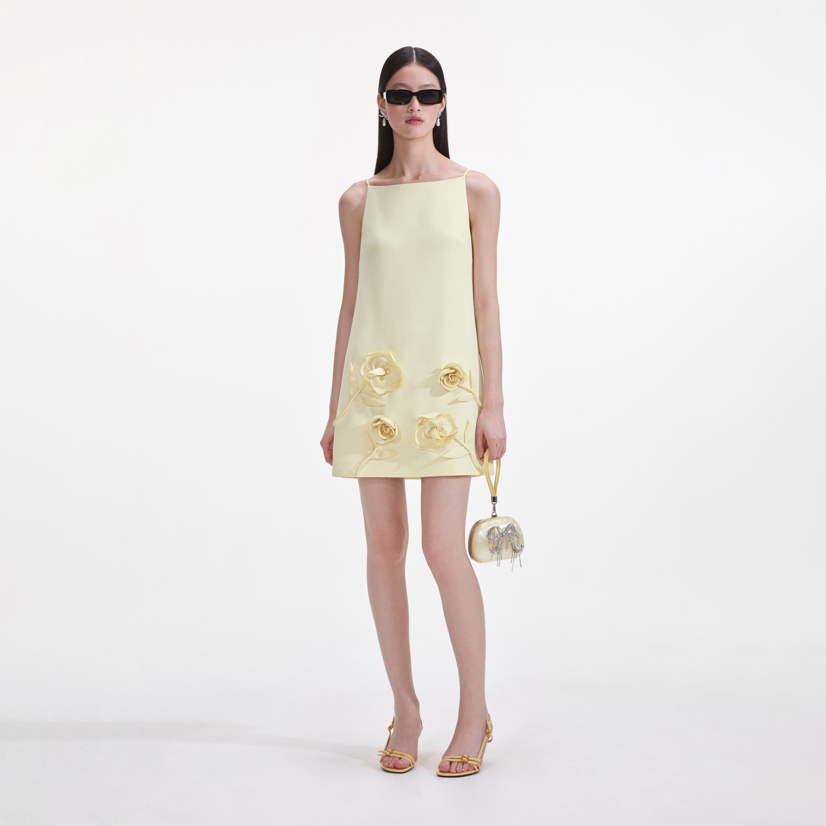 Self-Portrait - Yellow Crepe Flower Mini Dress - US 12 Self-Portrait - Yellow Crepe Flower Mini Dress - US 12