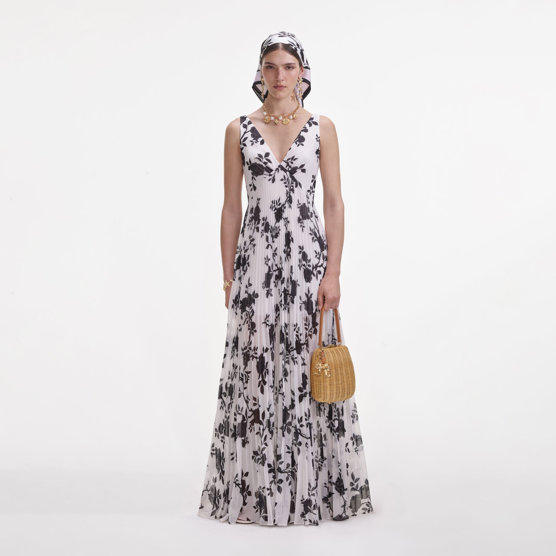 Front view of a woman wearing the Floral Print Chiffon Maxi Dress