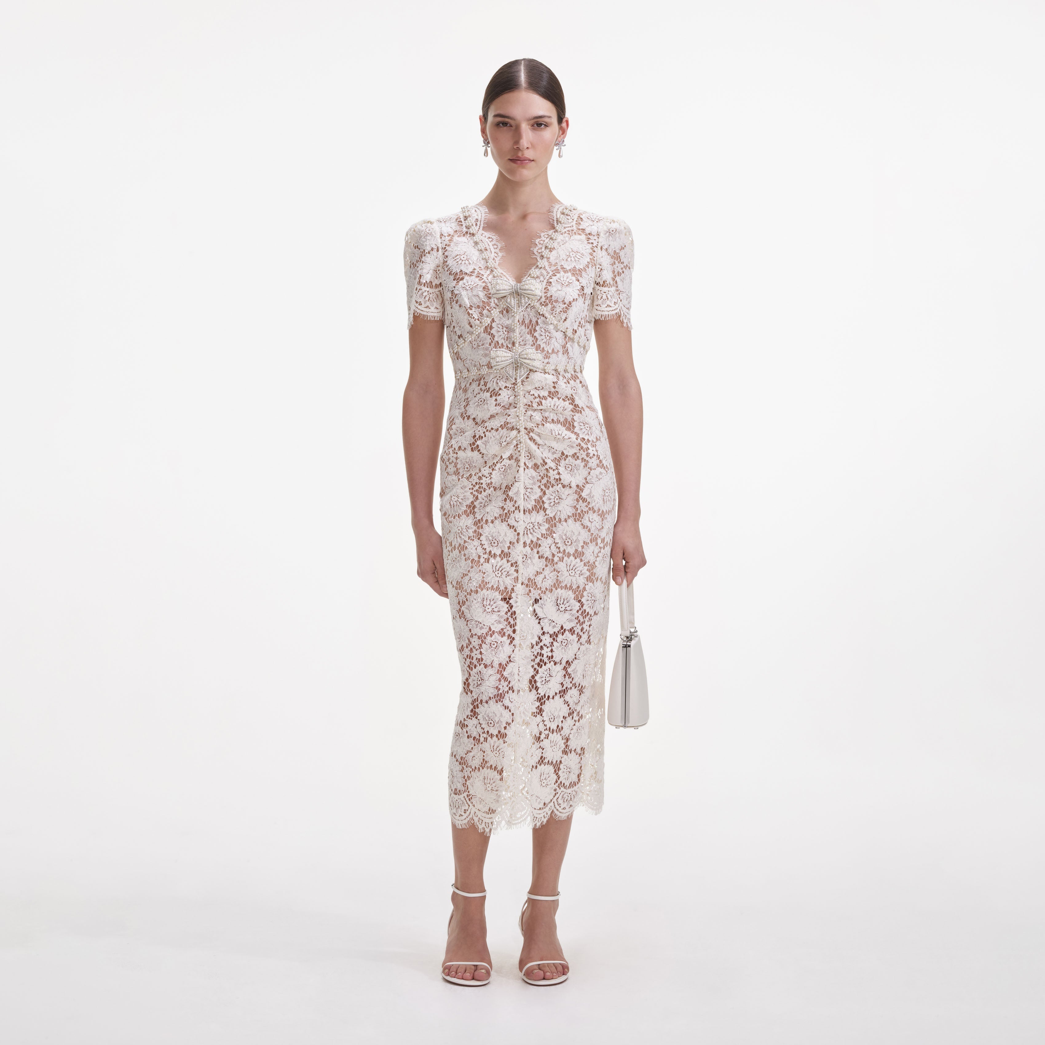 self-portrait - Cream Fine Lace Pearl Midi Dress - US 0 self-portrait - Cream Fine Lace Pearl Midi Dress - US 0