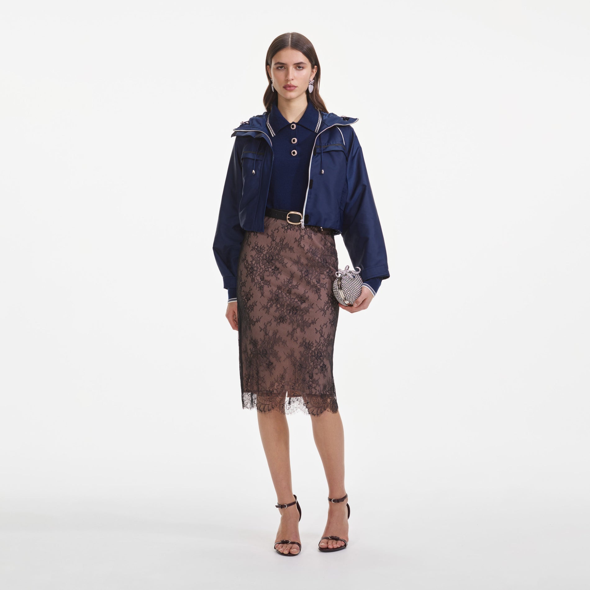 Front view of a woman wearing the Navy Nylon Windbreaker