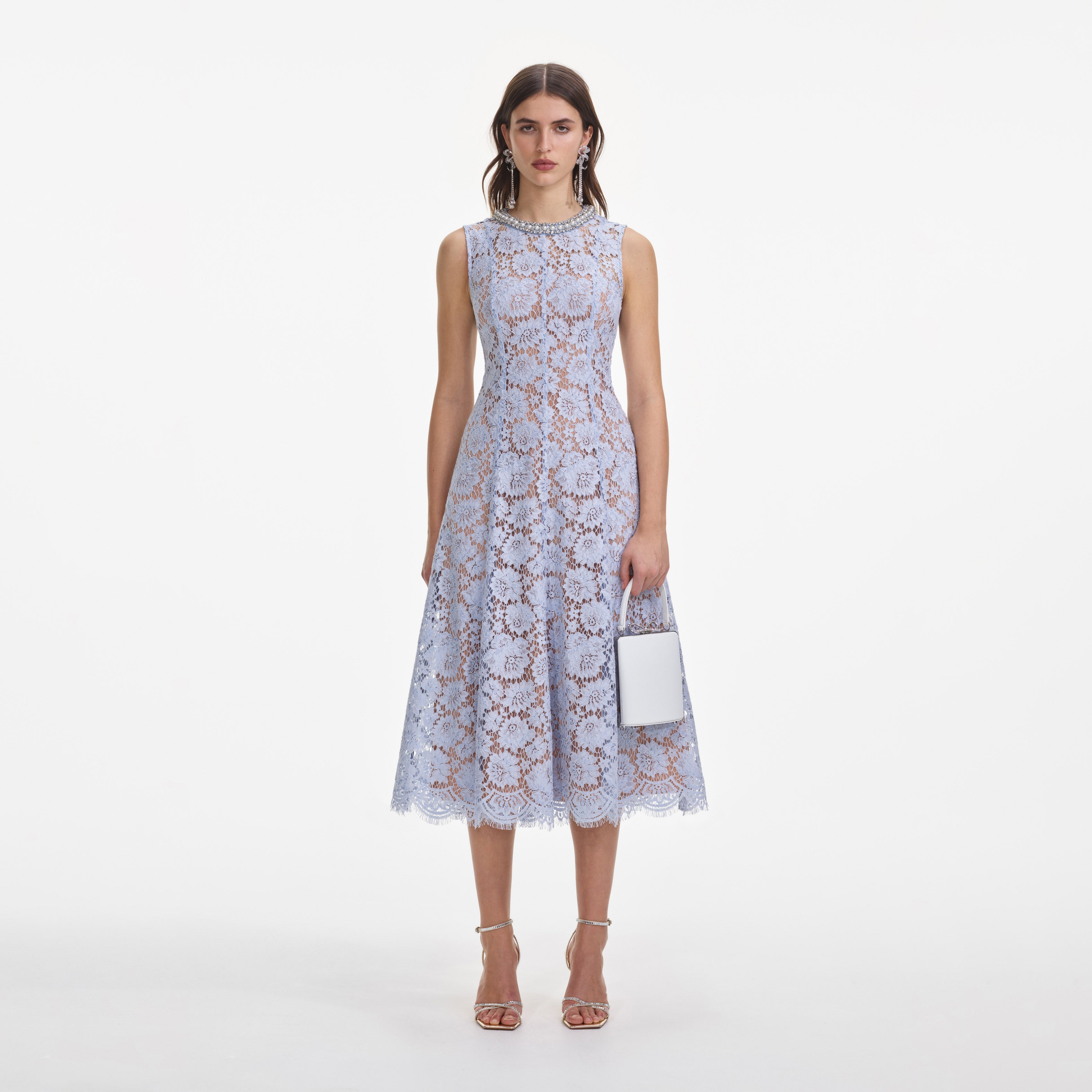 Self-Portrait Fine Lace Pearl Midi Dress - Light Blue Self-Portrait Fine Lace Pearl Midi Dress - Light Blue