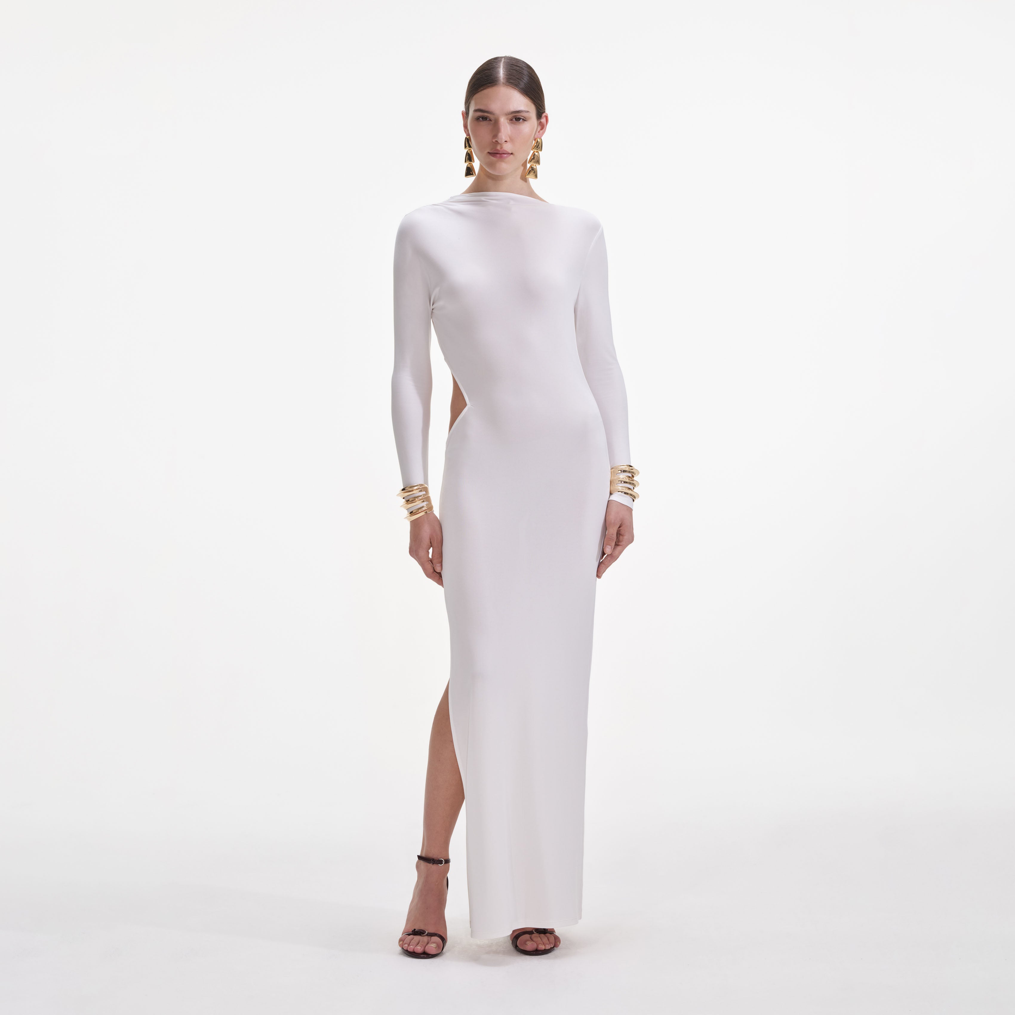 White Jersey Gathered Midi Dress – self-portrait-US White Jersey Gathered Midi Dress – self-portrait-US