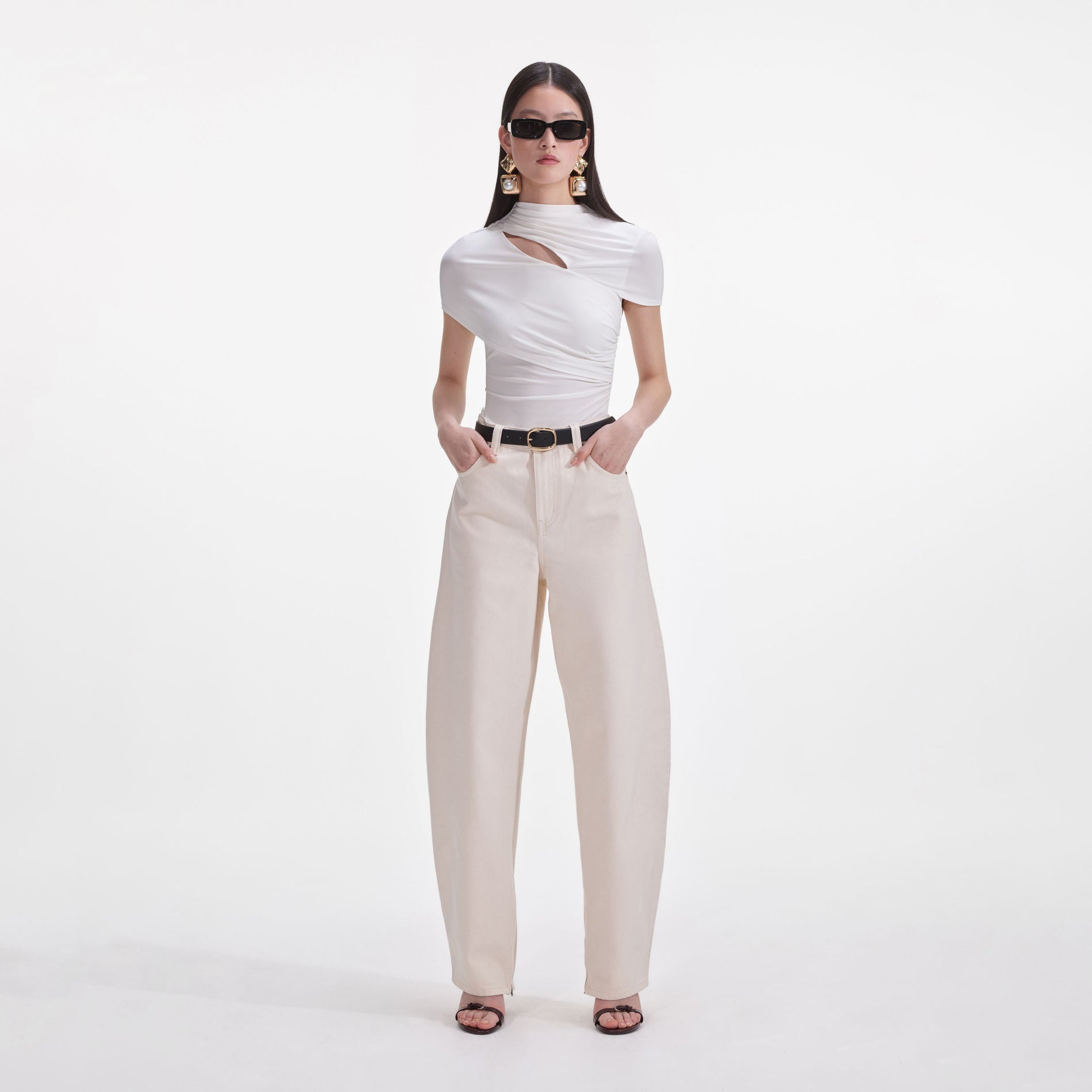 Front view of a woman wearing the Cream Jersey Gathered Top