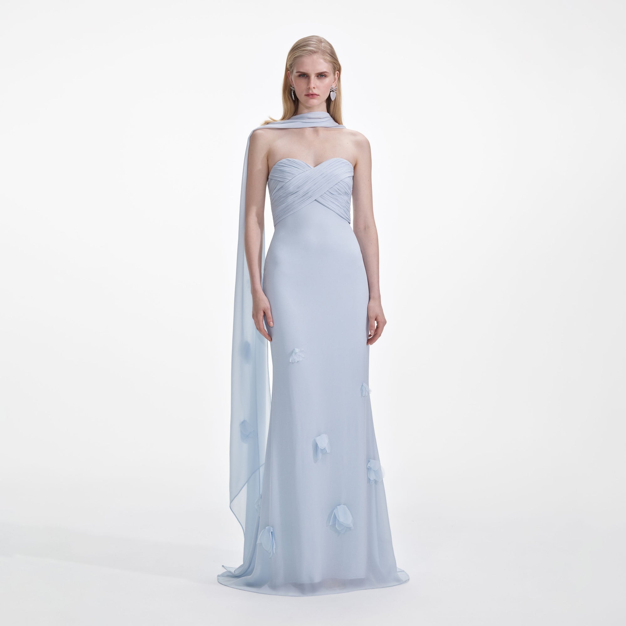 Front view of a woman wearing the Blue Georgette Flower Maxi Dress