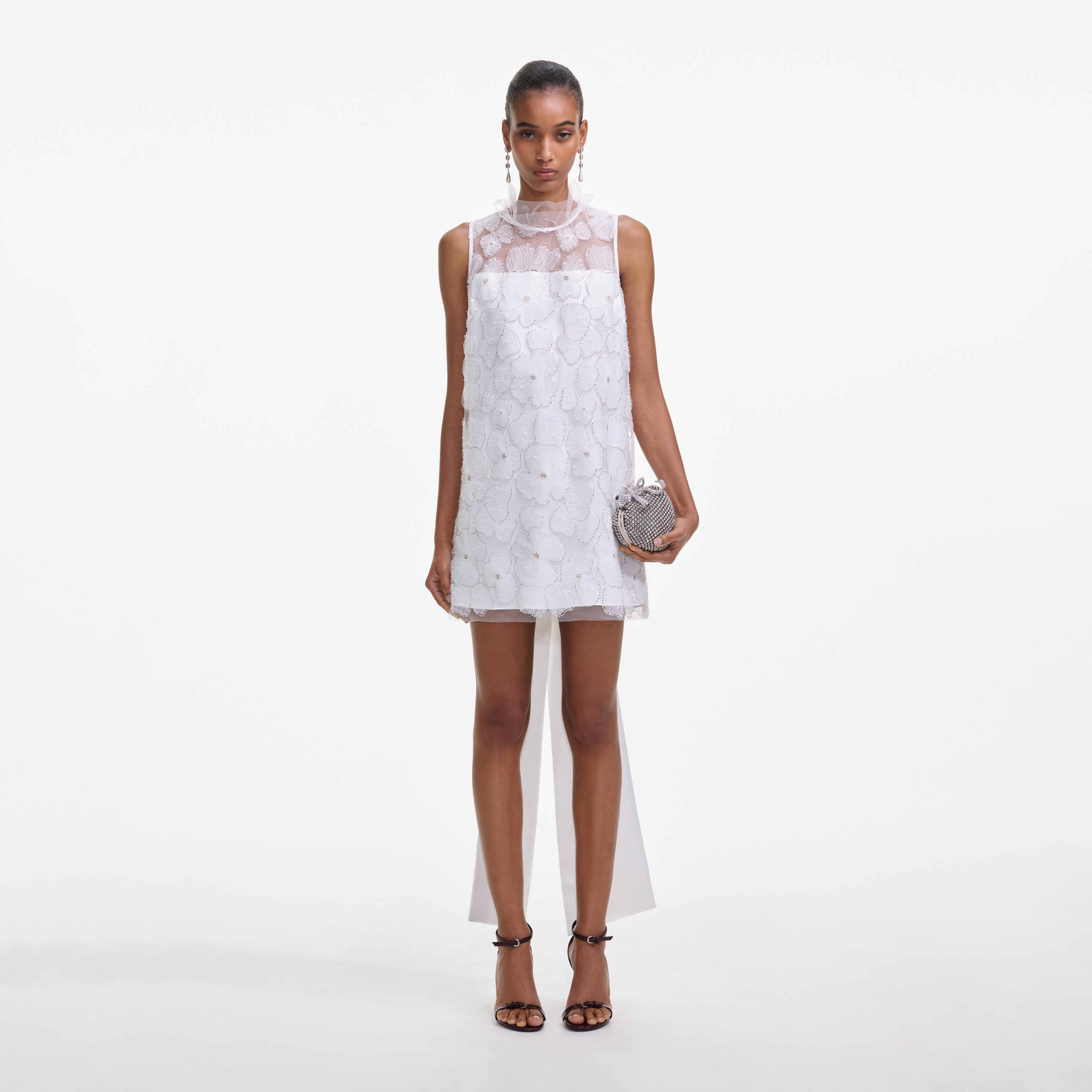 tulle mini dress white Self-Portrait - White Tulle Satin Bow Mini Dress