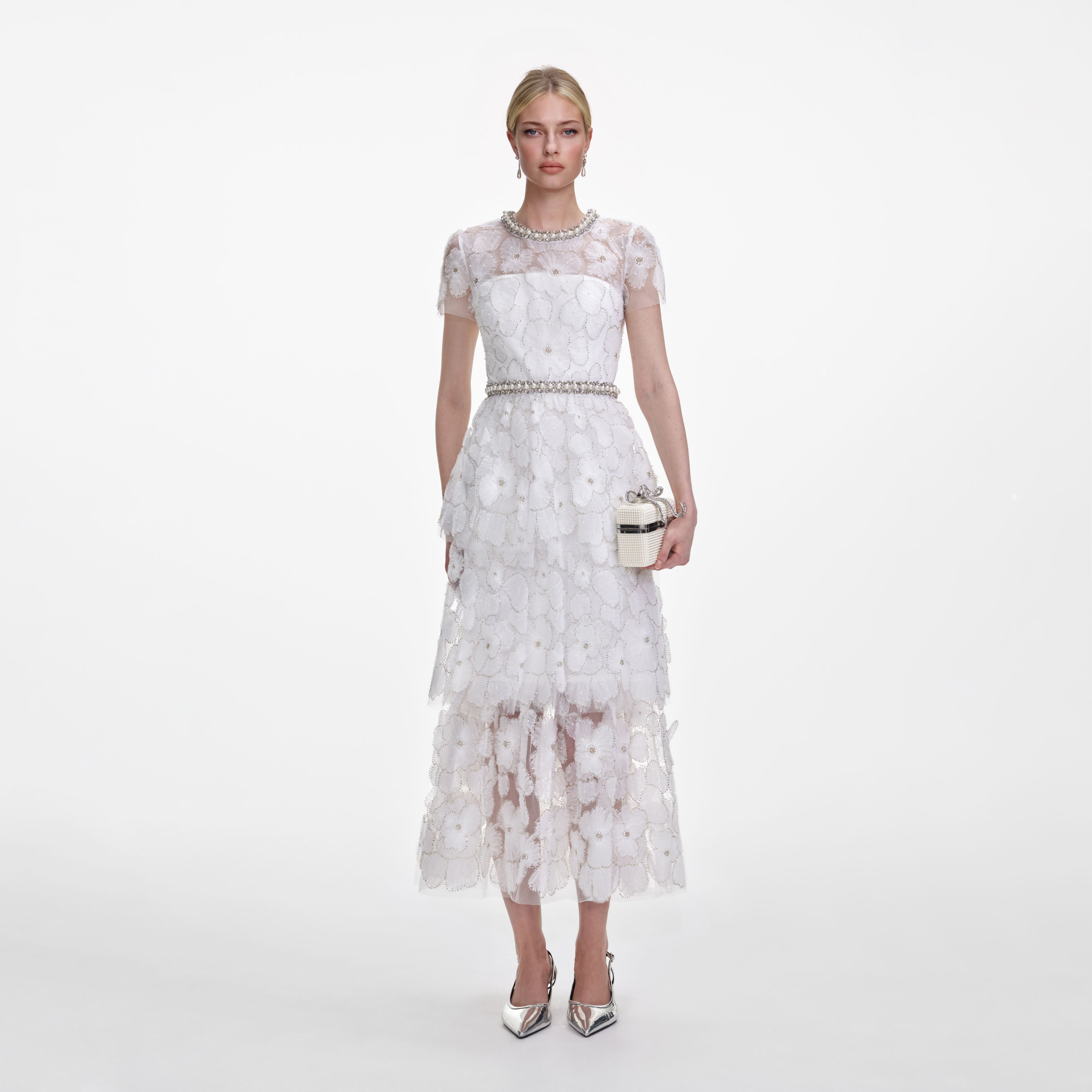 White Embellished Tulle Tiered Midi Dress White Embellished Tulle Tiered Midi Dress