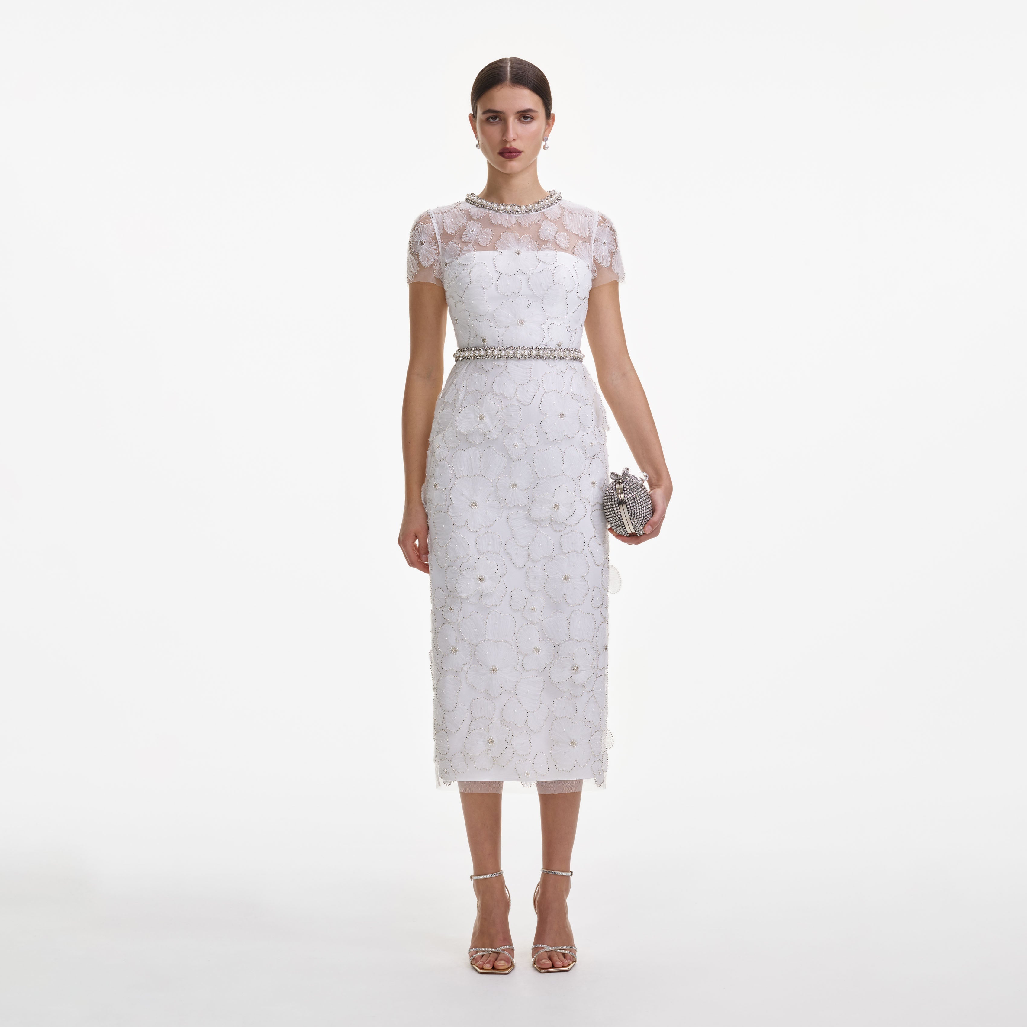 White Embellished Tulle Midi Dress self-portrait-US White Embellished Tulle Midi Dress self-portrait-US