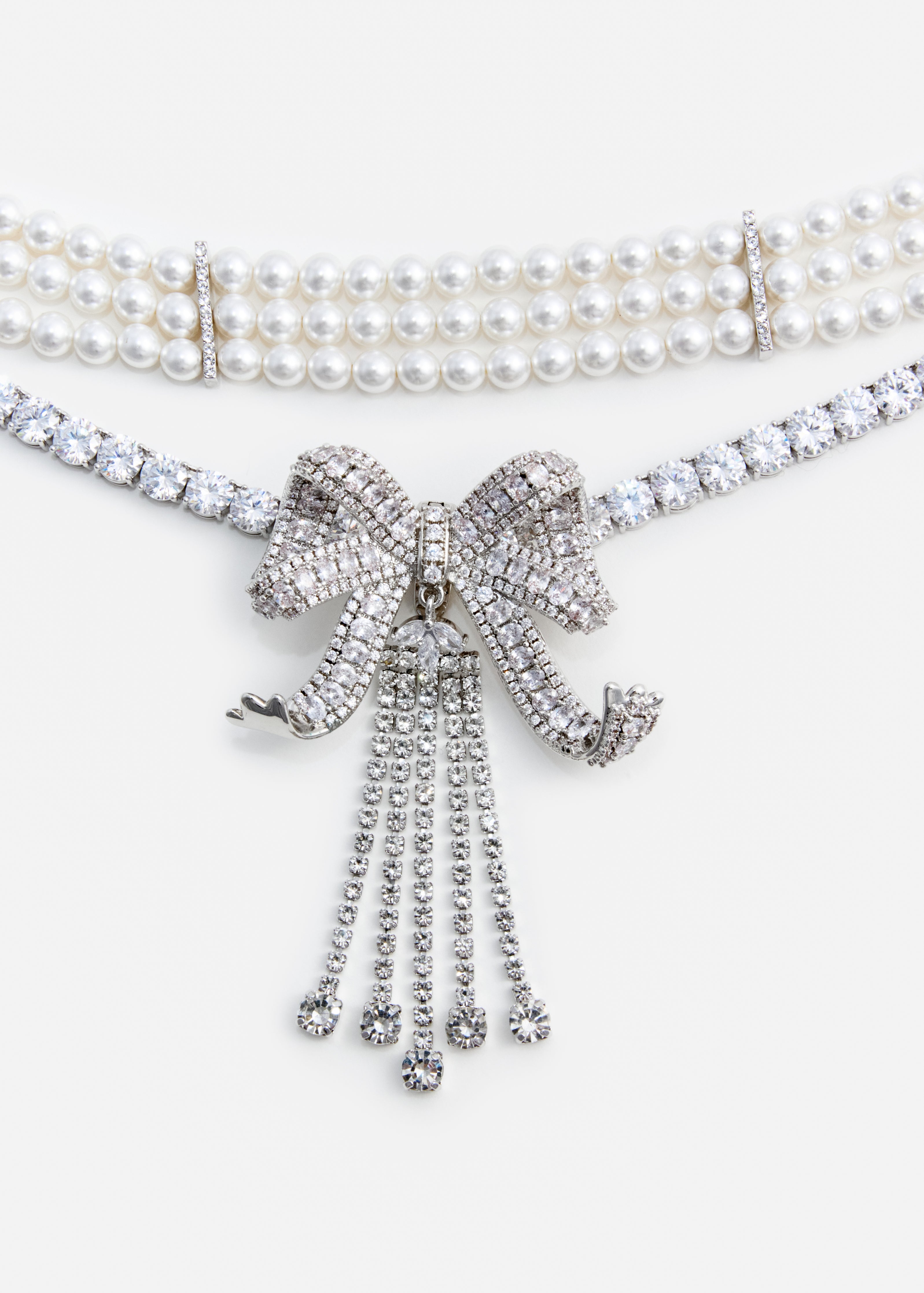 Crystal Bow Droplet Pearl Necklace