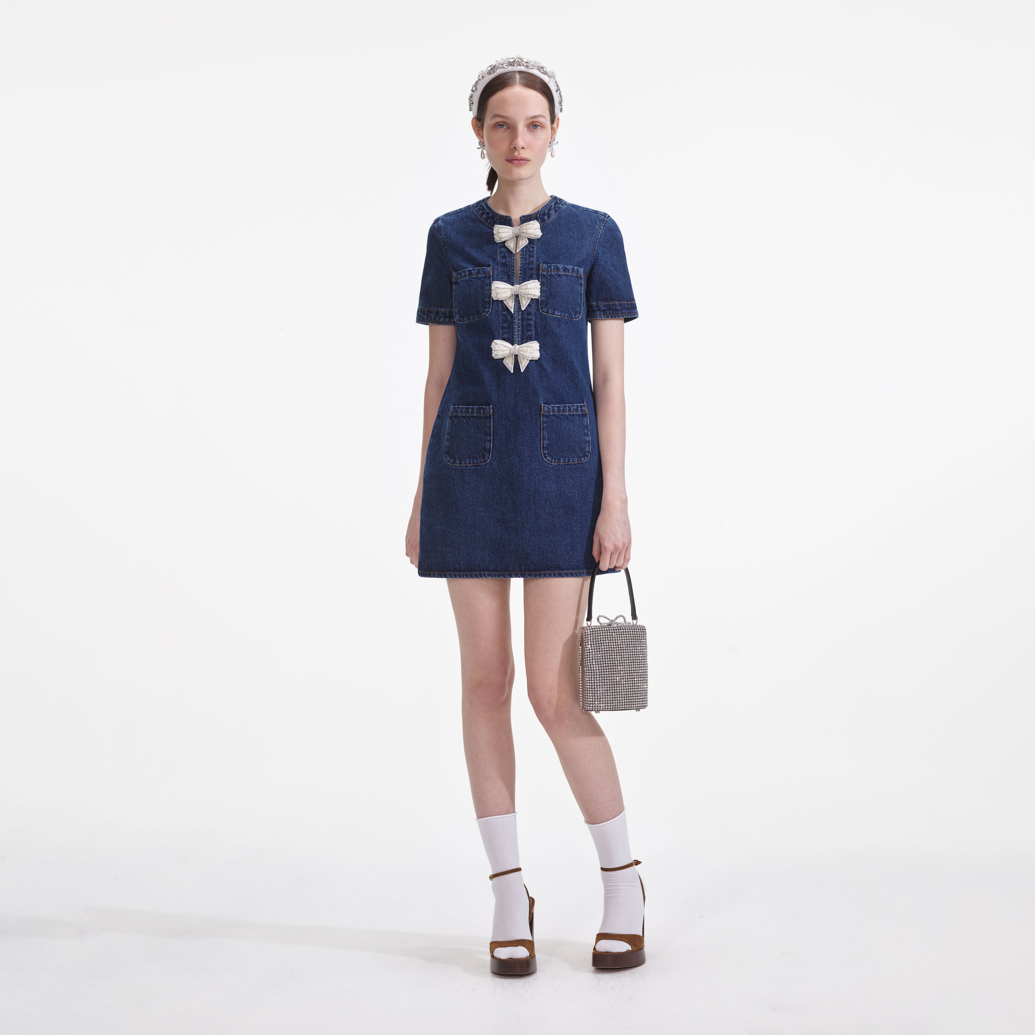 self-portrait - Denim Bow Mini Dress self-portrait - Denim Bow Mini Dress