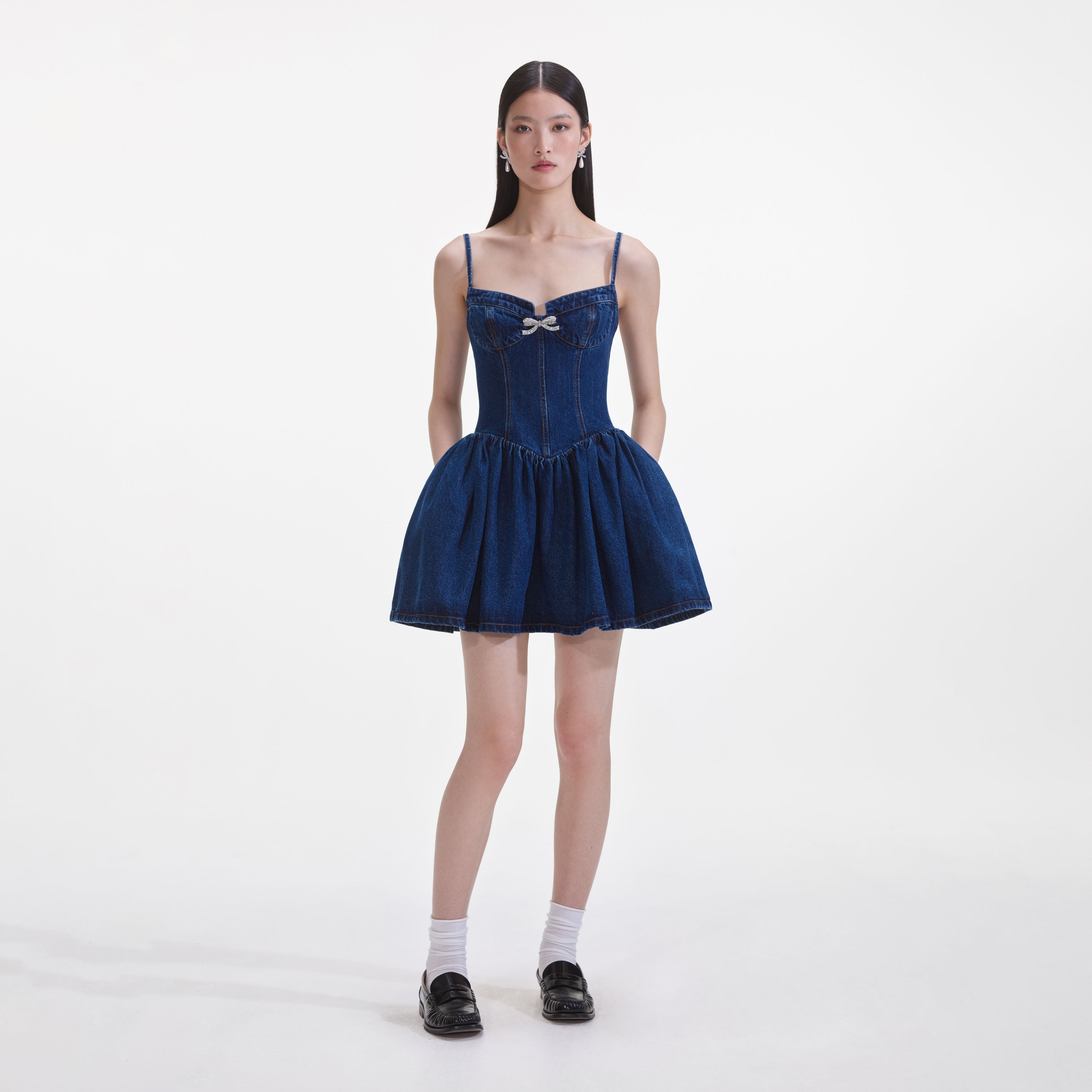 self-portrait denim skater mini dress SELF-PORTRAIT Denim Skater Mini Dress Blue