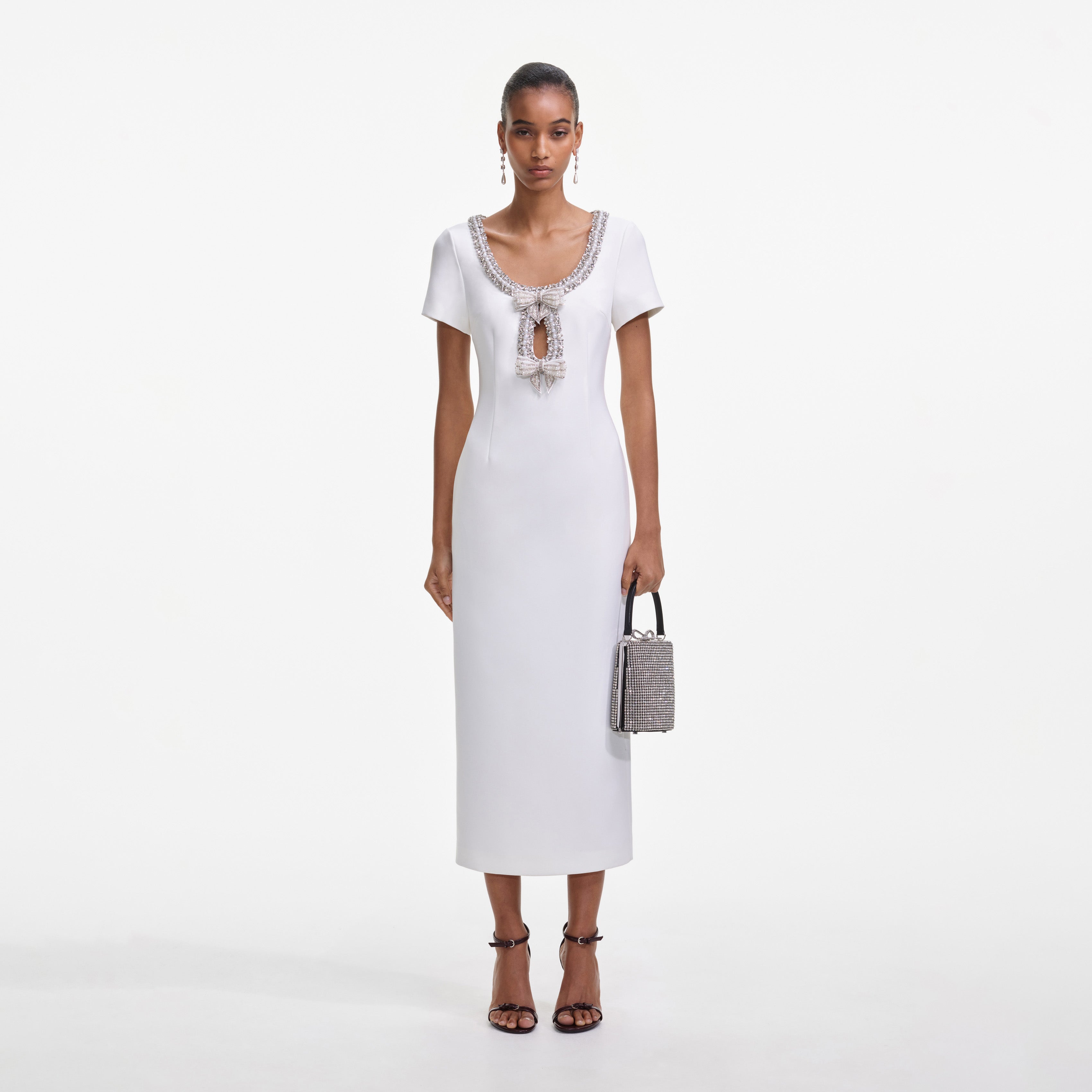 white crepe a line midi dress with bow straps Laurie Bow Strap Midi Dress