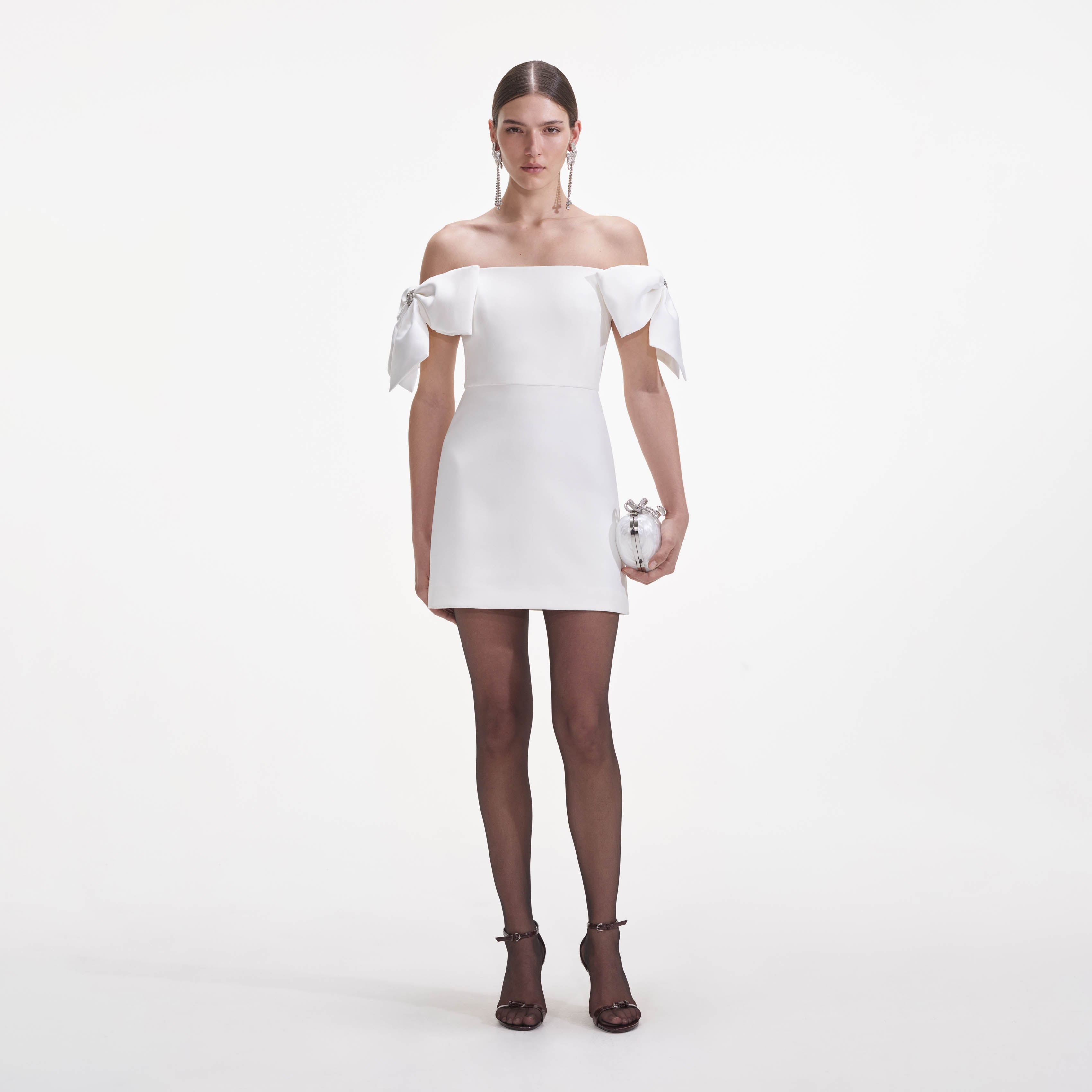 White Crepe Bow Mini Dress self-portrait-US White Crepe Bow Mini Dress self-portrait-US
